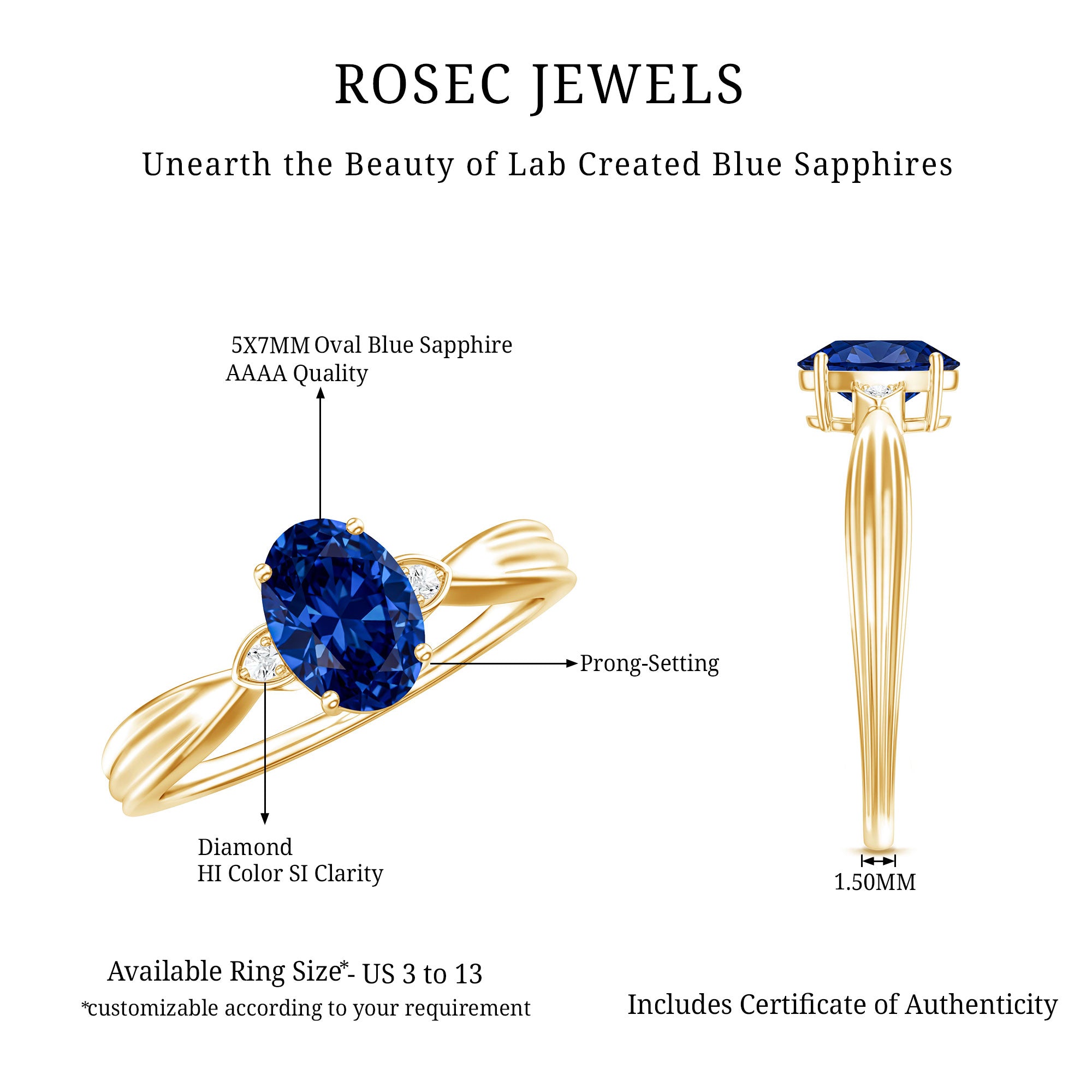 Certified 1 Carat Oval Lab Grown Blue Sapphire Solitaire Engagement Ring with Diamond AAAA - Rosec Jewels