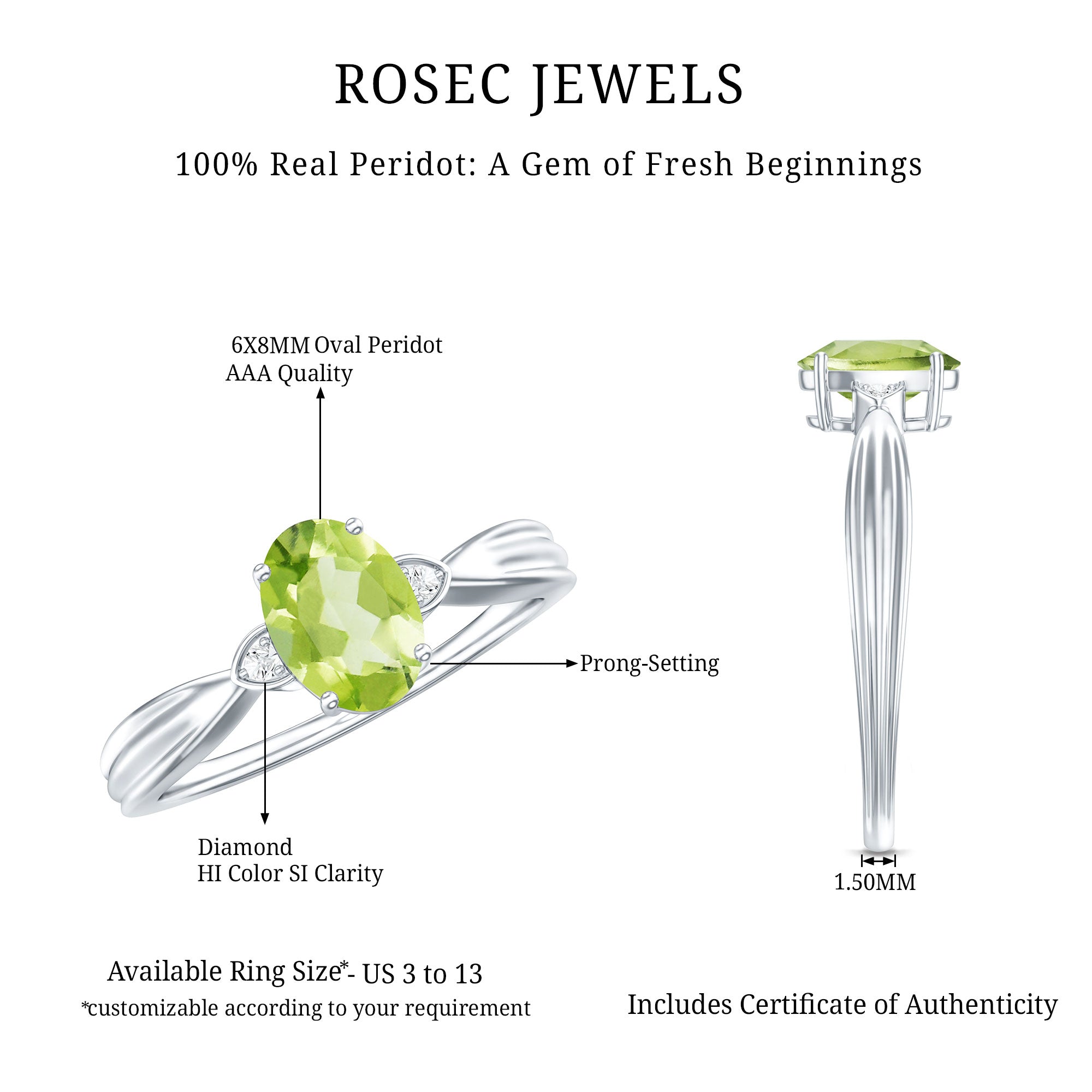 Natural 1 Carat Peridot Oval Engagement Ring with Diamond AAA - Rosec Jewels