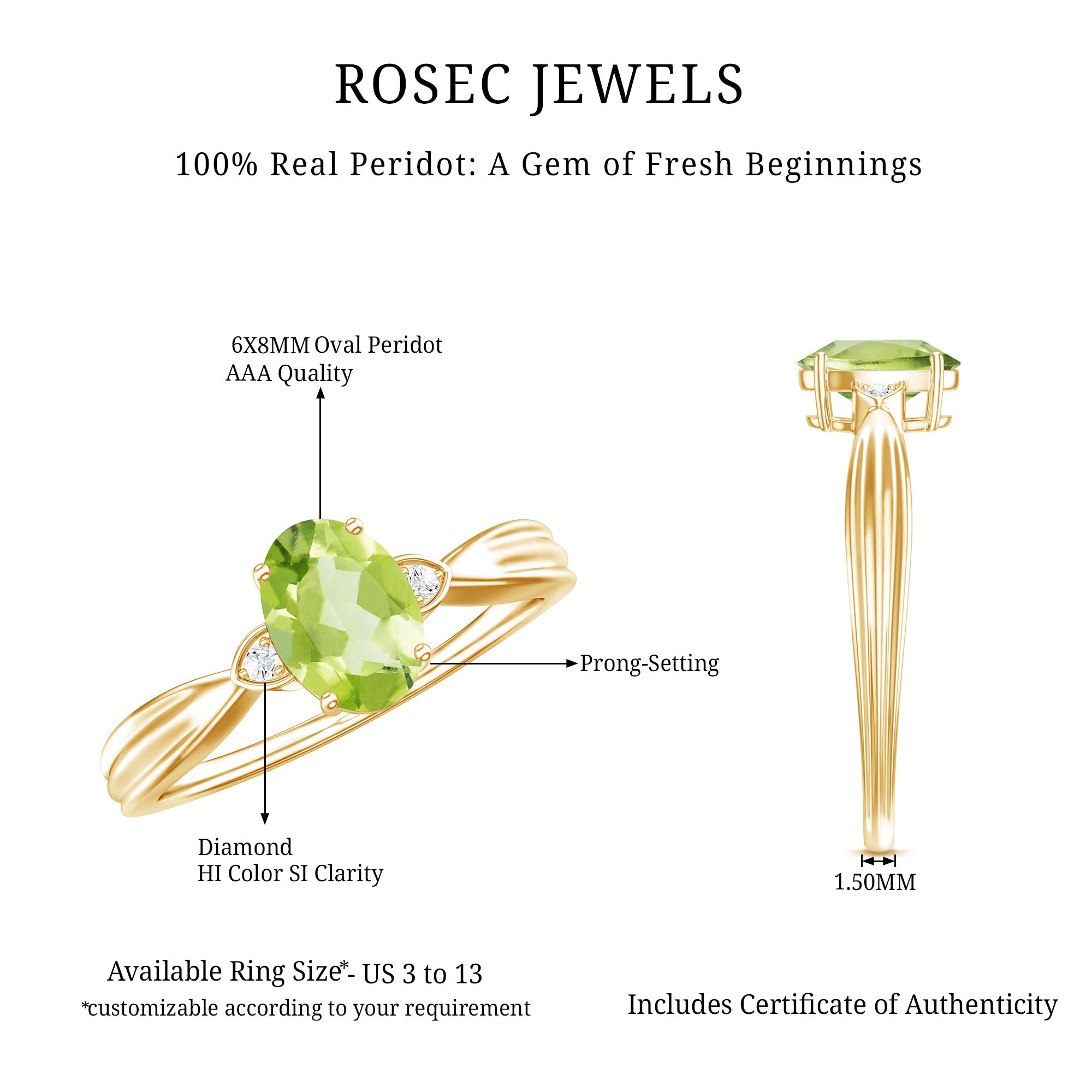 Natural 1 Carat Peridot Oval Engagement Ring with Diamond AAA - Rosec Jewels