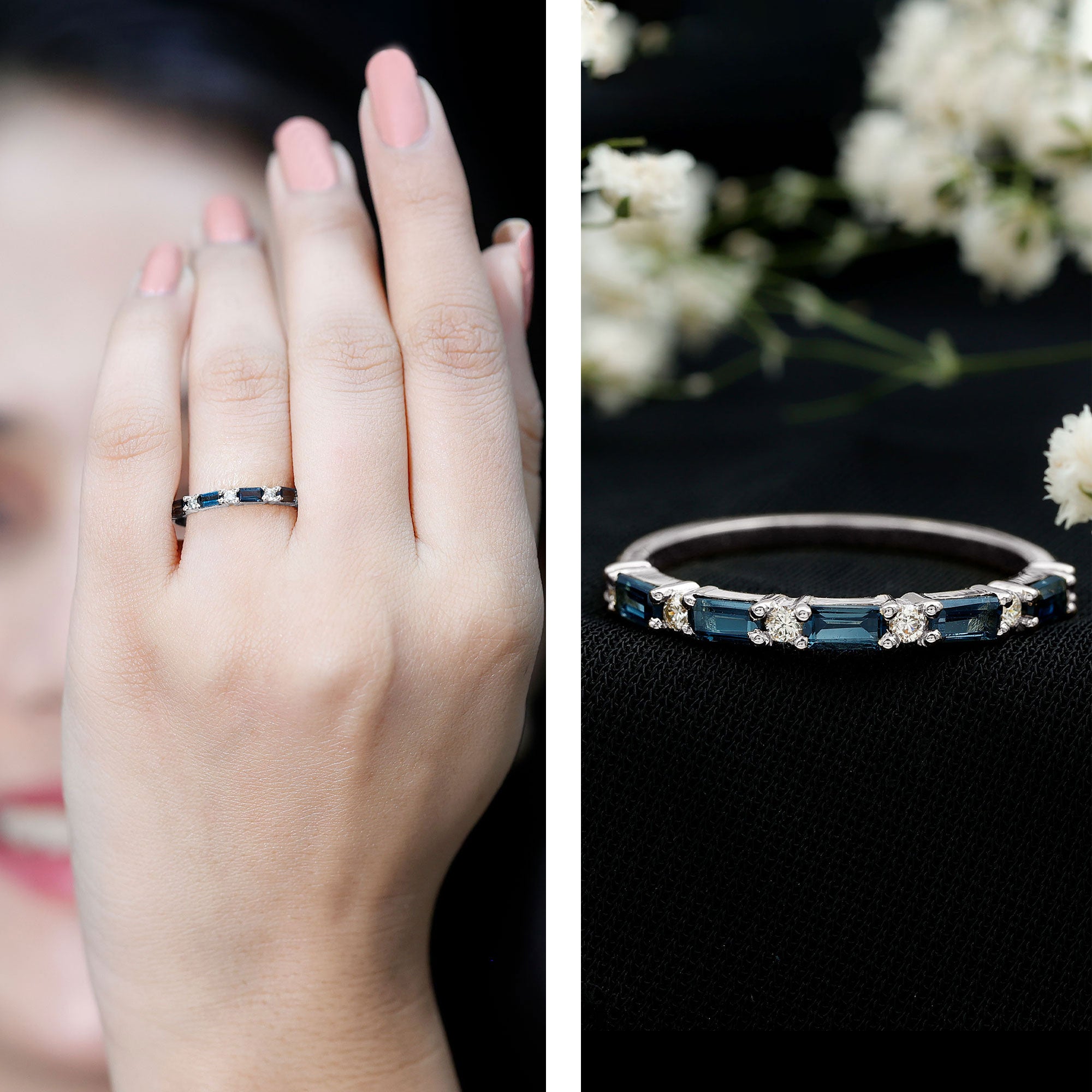 Baguette London Blue Topaz and Diamond Stackable Band Ring AAA - Rosec Jewels