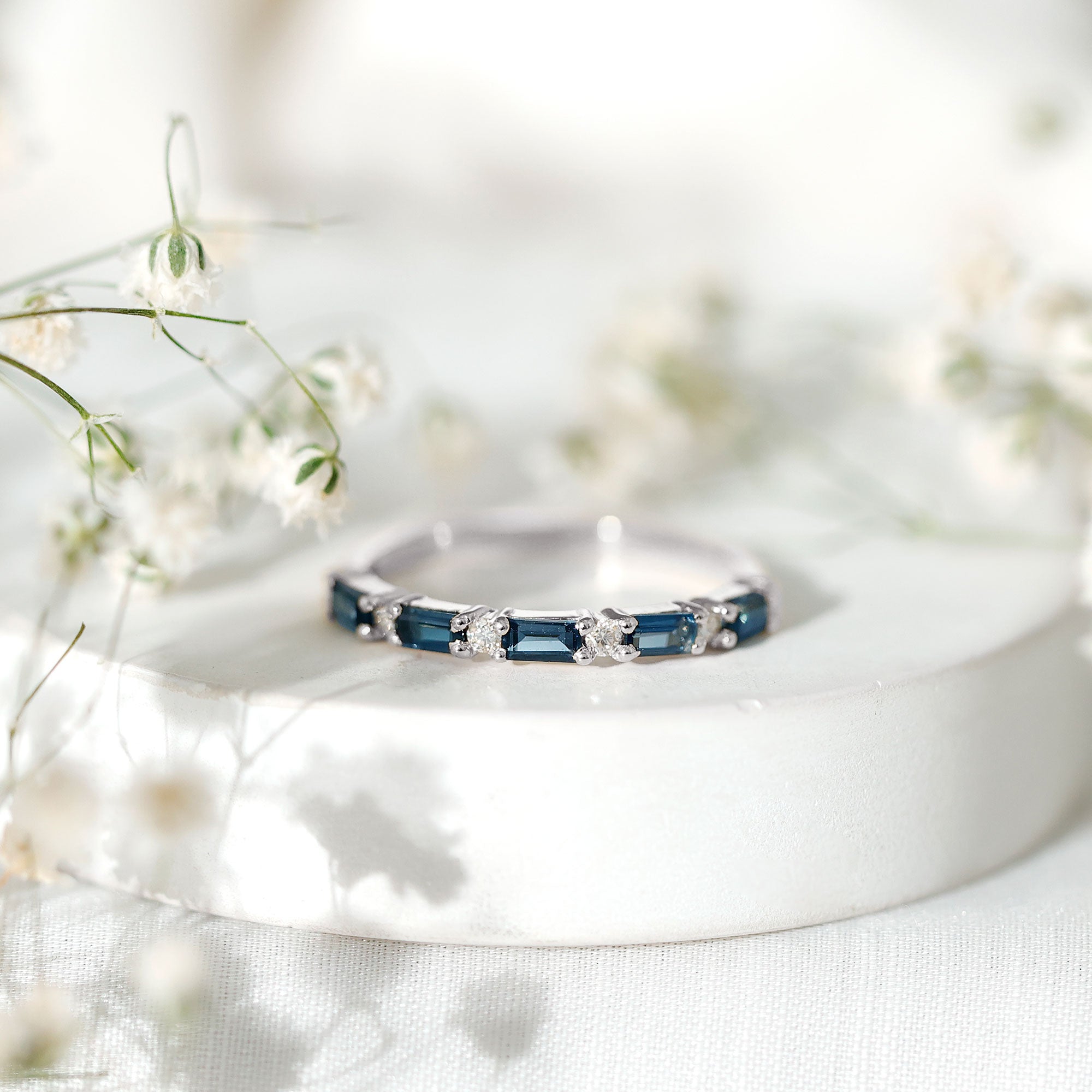 Baguette London Blue Topaz and Diamond Stackable Band Ring AAA - Rosec Jewels