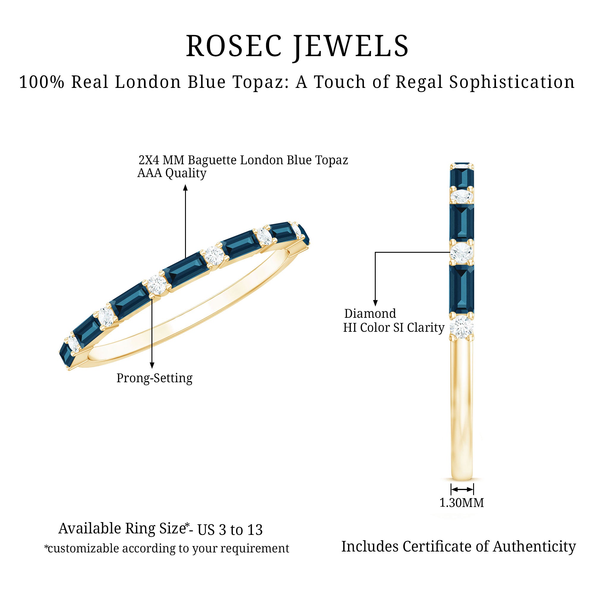 Baguette London Blue Topaz and Diamond Stackable Band Ring AAA - Rosec Jewels