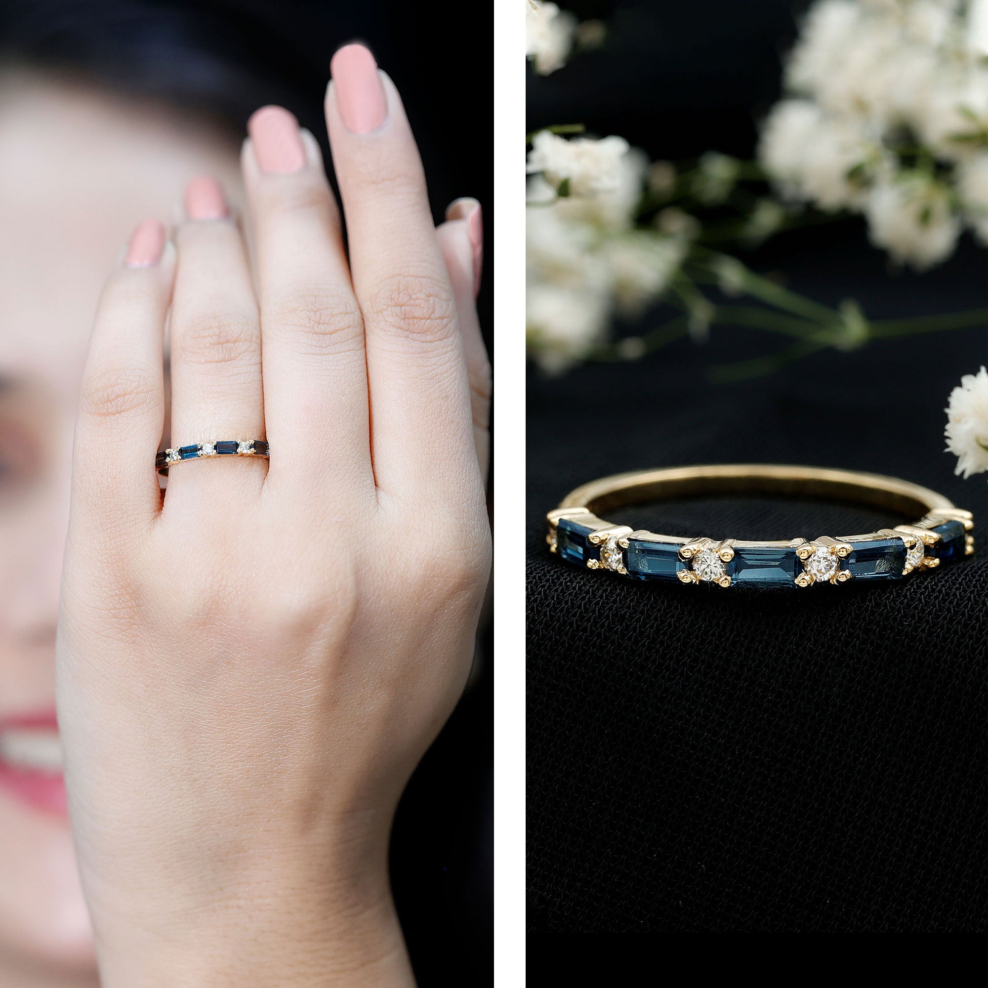 Baguette London Blue Topaz and Diamond Stackable Band Ring AAA - Rosec Jewels