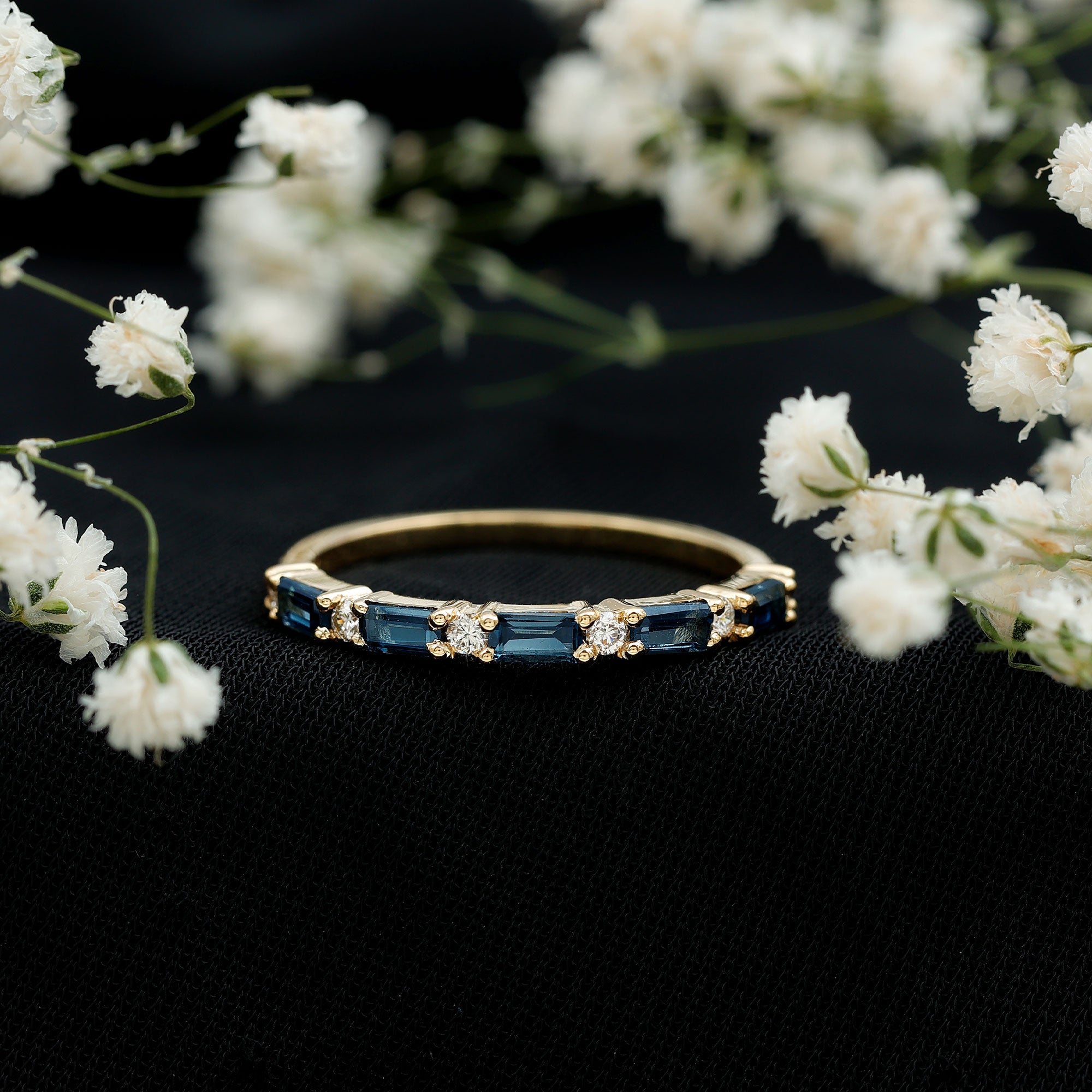 Baguette London Blue Topaz and Diamond Stackable Band Ring AAA - Rosec Jewels