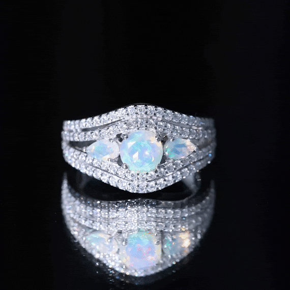 Real Ethiopian Opal 3 Stone Engagement Ring with Moissanite AAA - Rosec Jewels