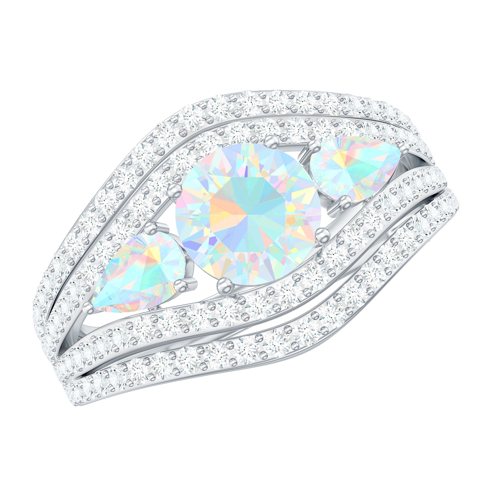 Real Ethiopian Opal 3 Stone Engagement Ring with Moissanite
