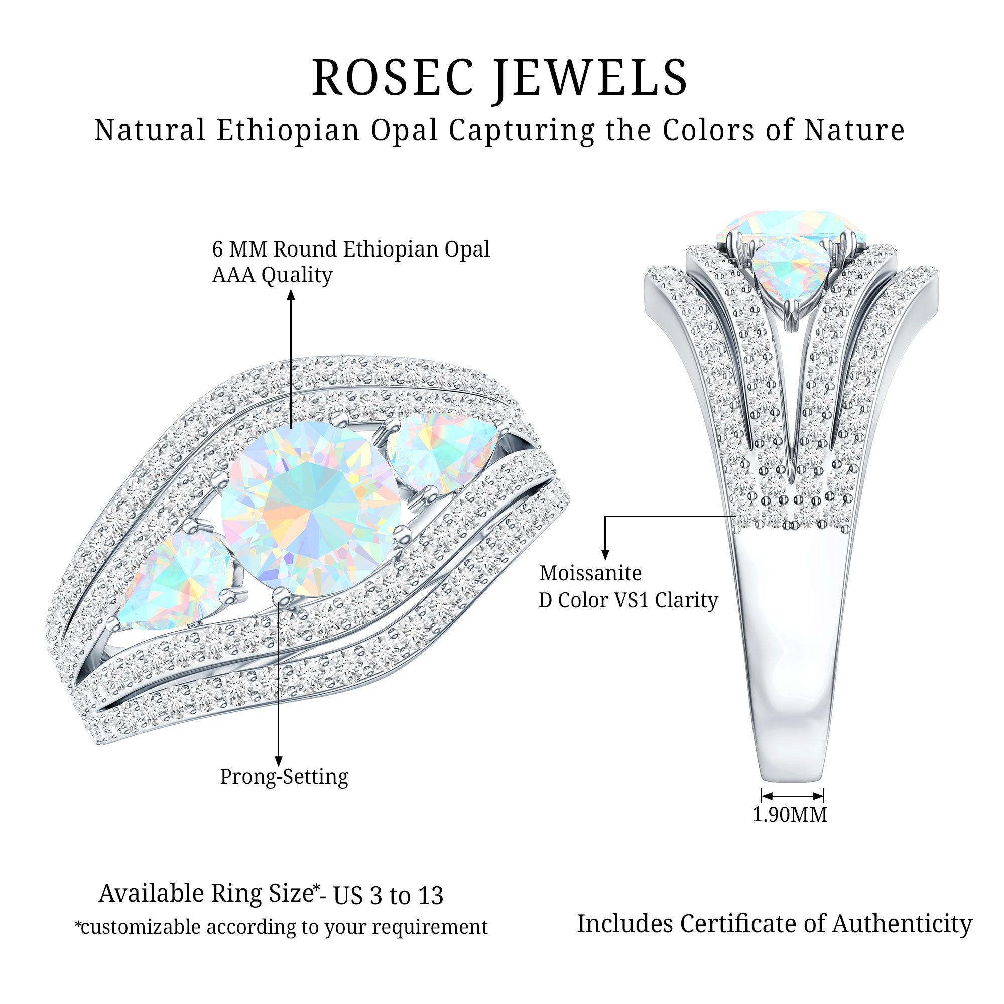 Real Ethiopian Opal 3 Stone Engagement Ring with Moissanite AAA - Rosec Jewels