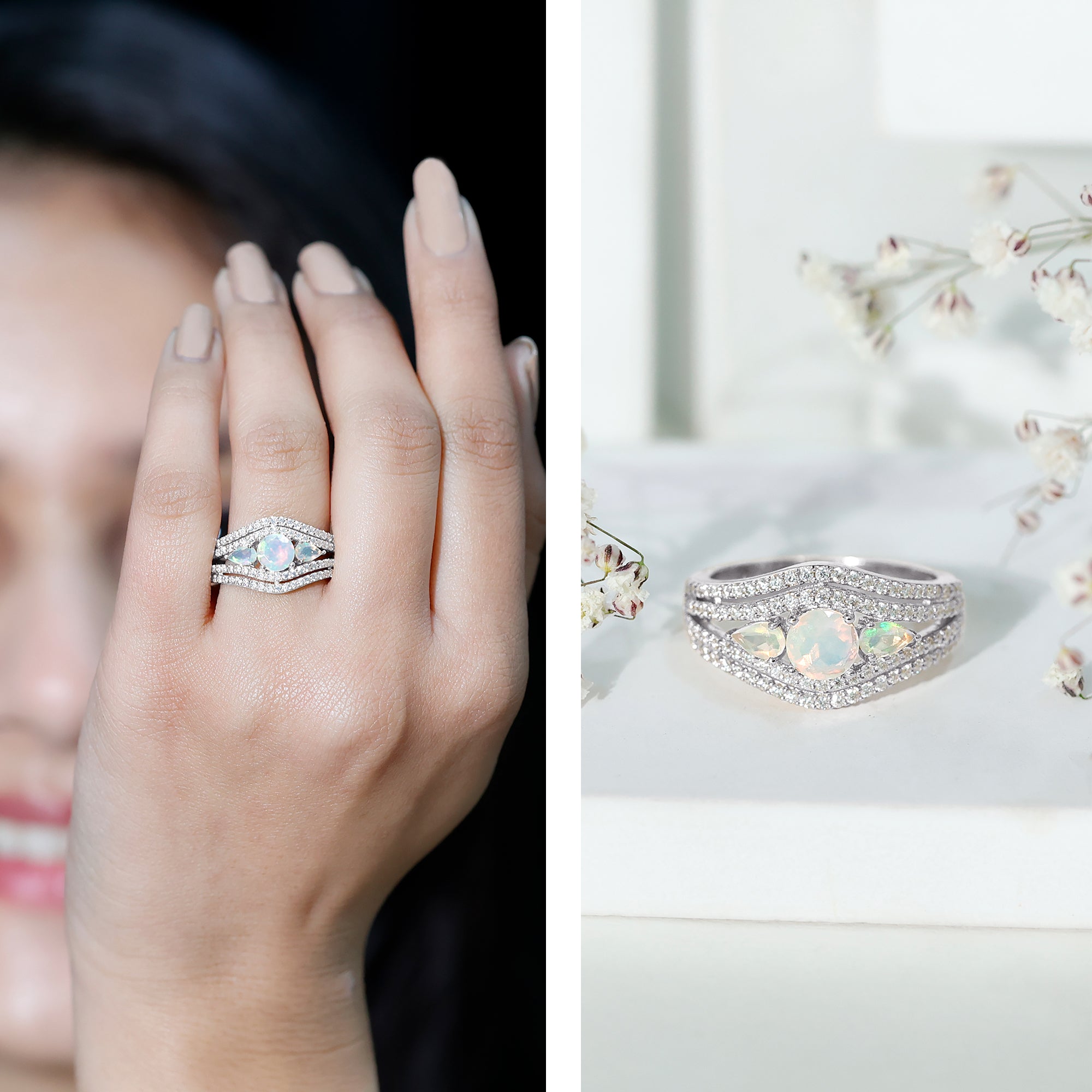 Real Ethiopian Opal 3 Stone Engagement Ring with Moissanite AAA - Rosec Jewels