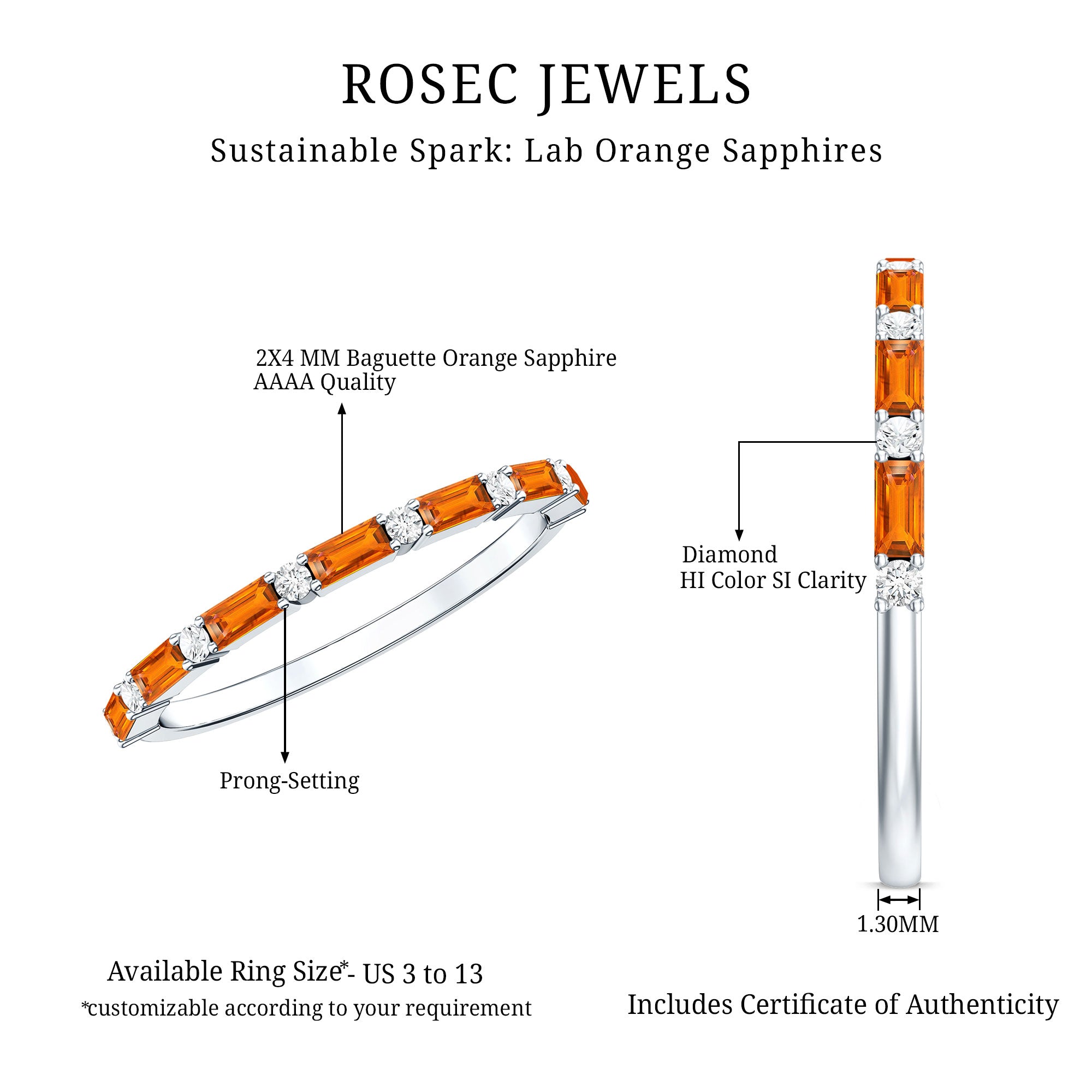 Lab Grown Orange Sapphire and Diamond Half Eternity Stackable Ring AAAA - Rosec Jewels