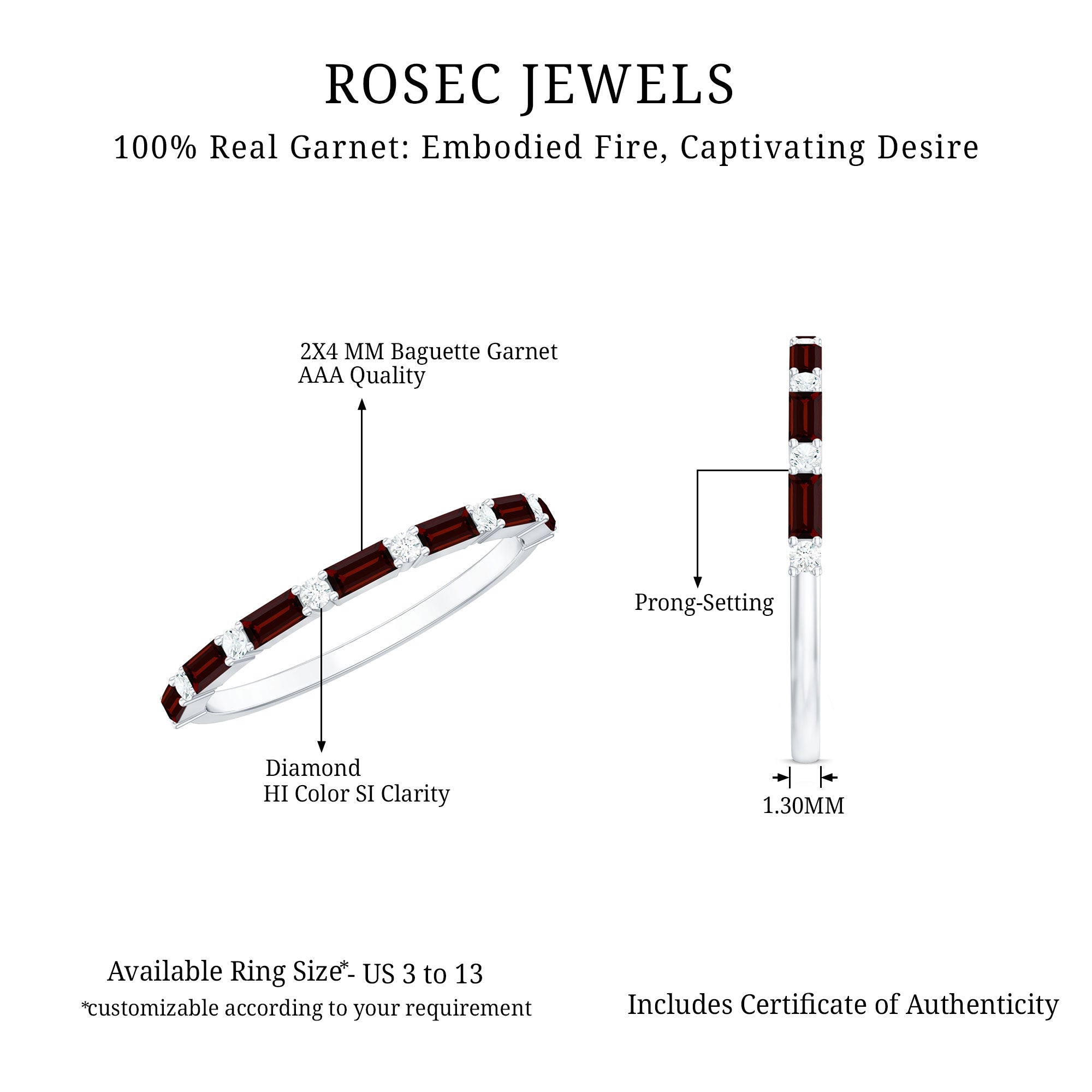 Natural Baguette Garnet Diamond Half Eternity Band With Certificate AAA - Rosec Jewels