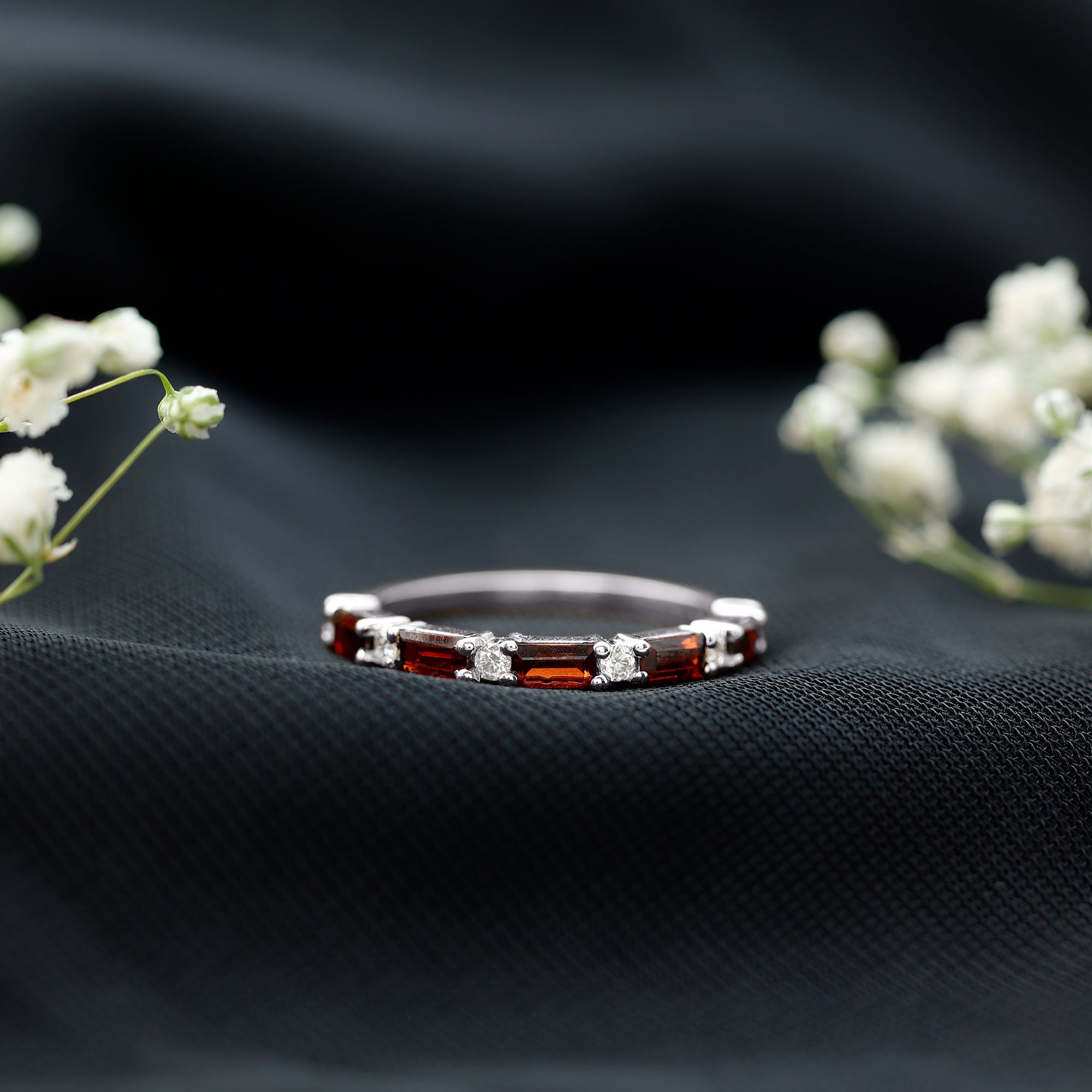 Natural Baguette Garnet Diamond Half Eternity Band With Certificate AAA - Rosec Jewels