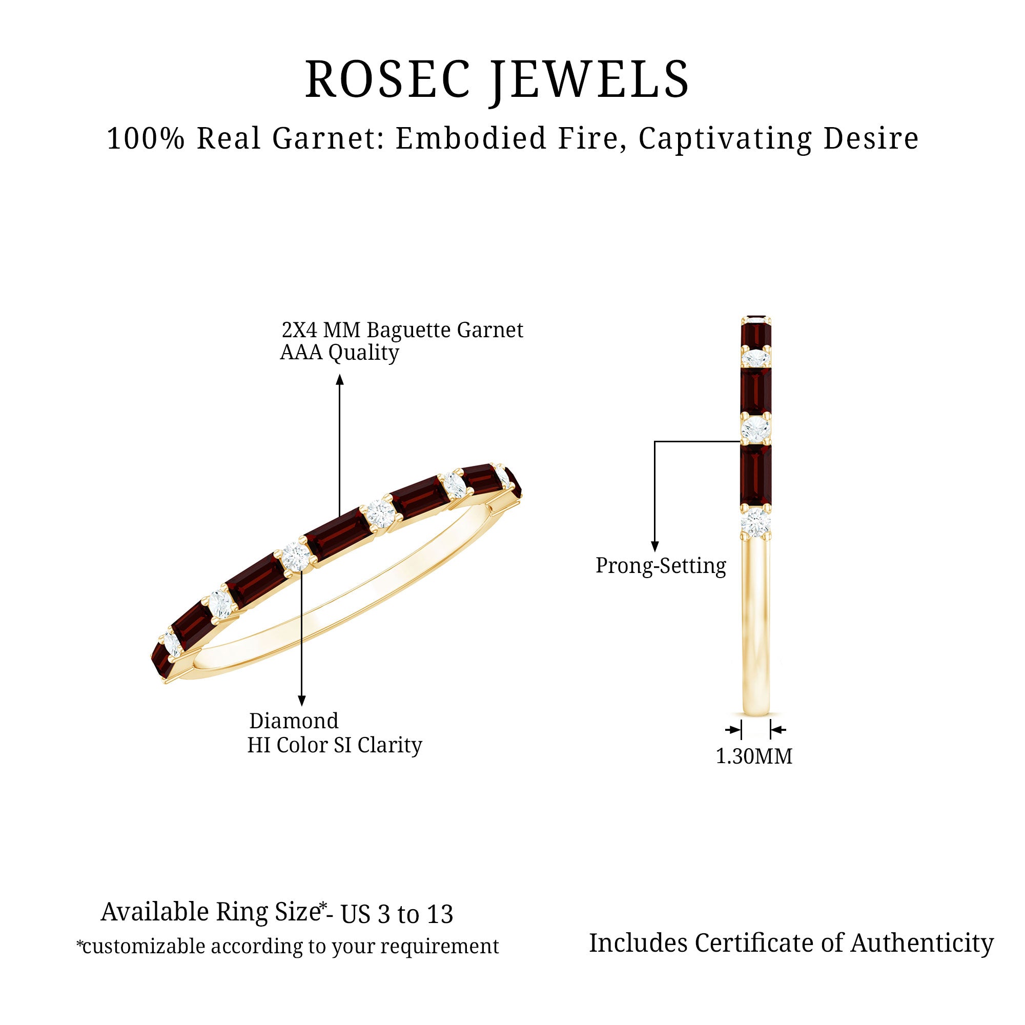 Natural Baguette Garnet Diamond Half Eternity Band With Certificate AAA - Rosec Jewels