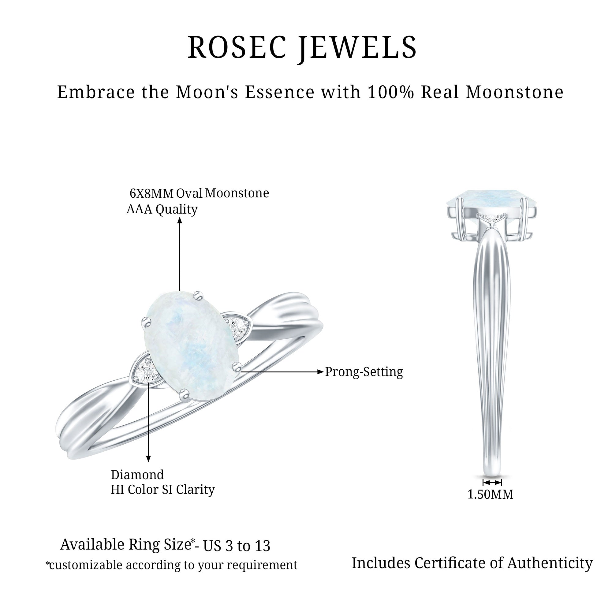 1 CT Oval Cut Moonstone Solitaire Ring with Diamond AAA - Rosec Jewels