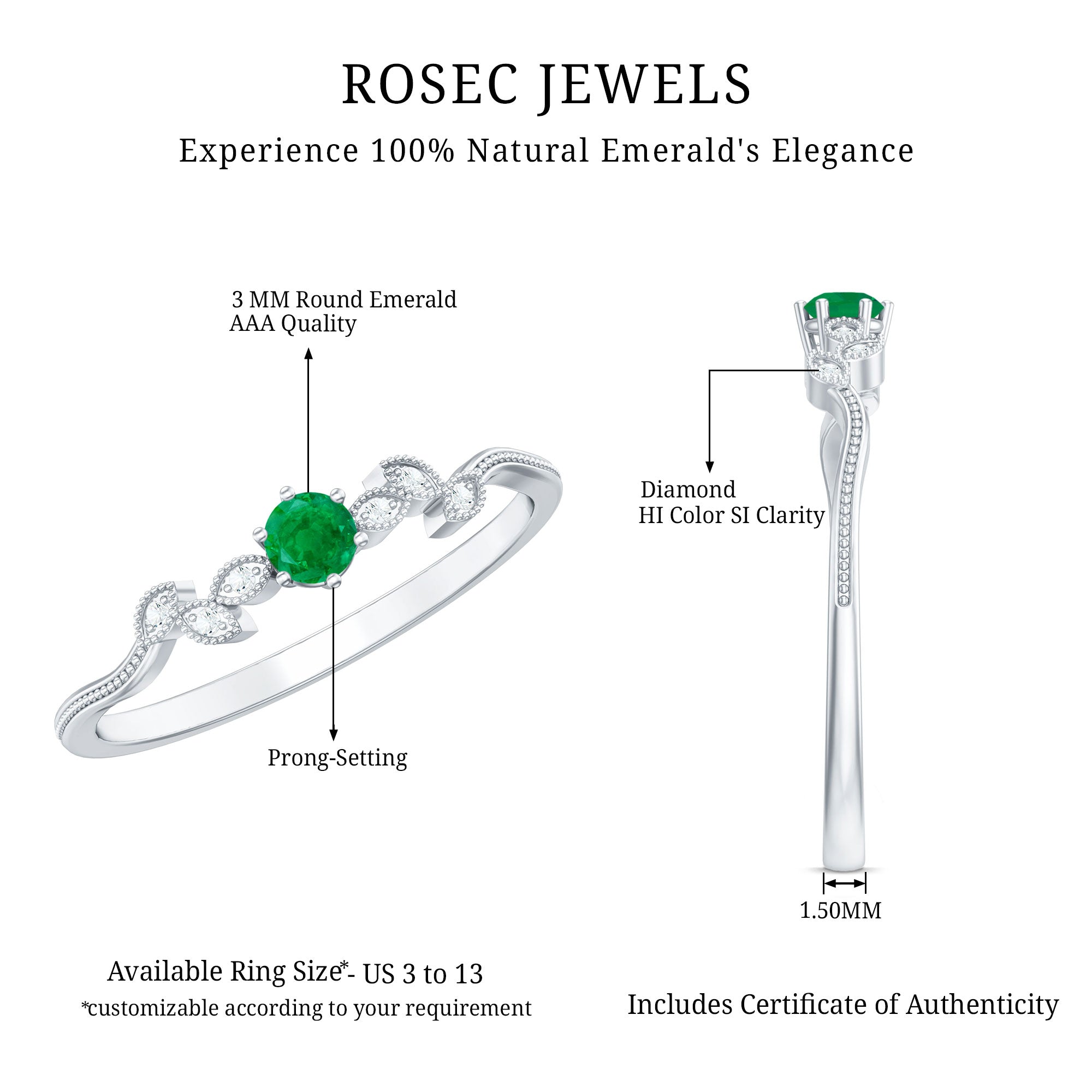 Nature Inspired Emerald Promise Ring with Diamond AAA - Rosec Jewels
