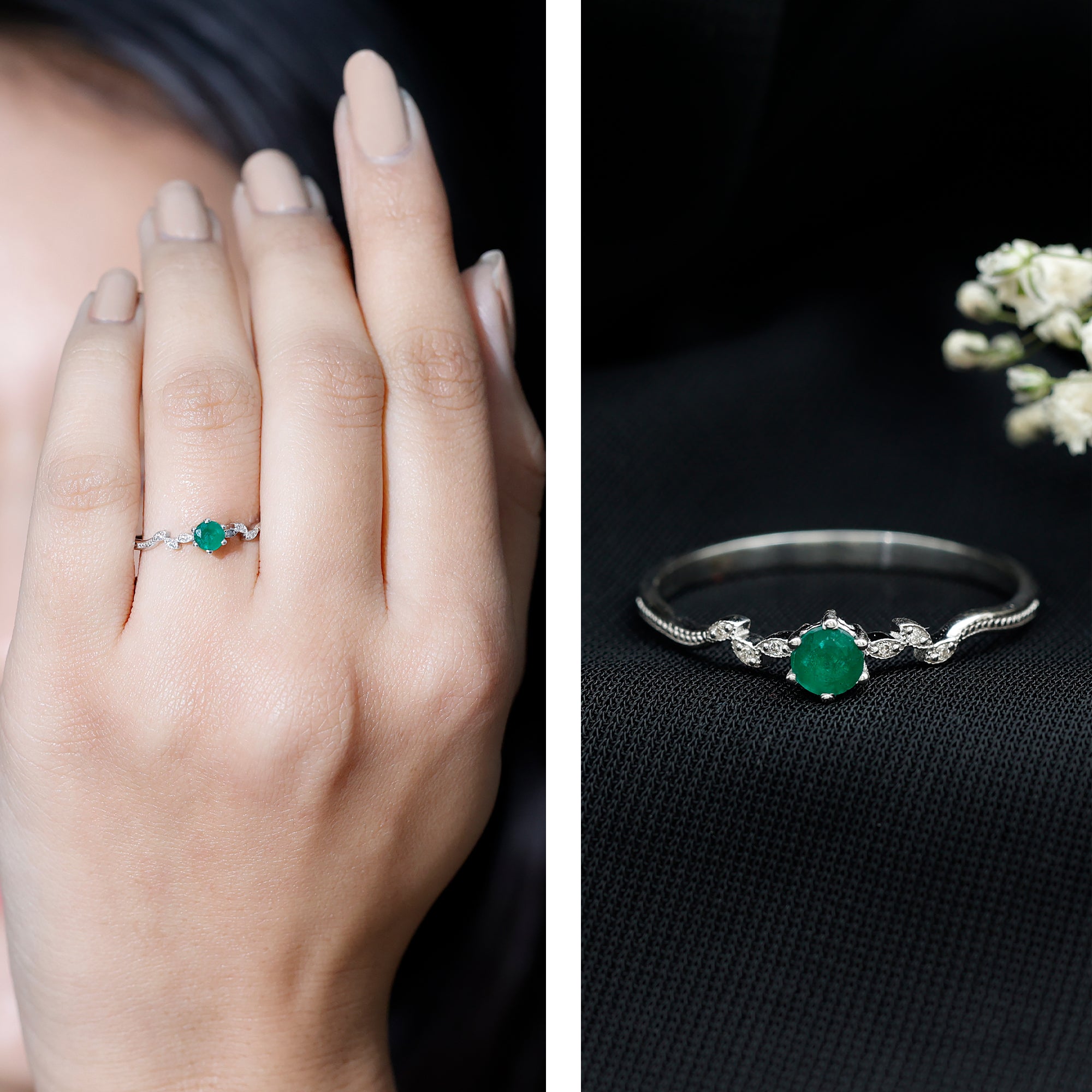 Nature Inspired Emerald Promise Ring with Diamond AAA - Rosec Jewels