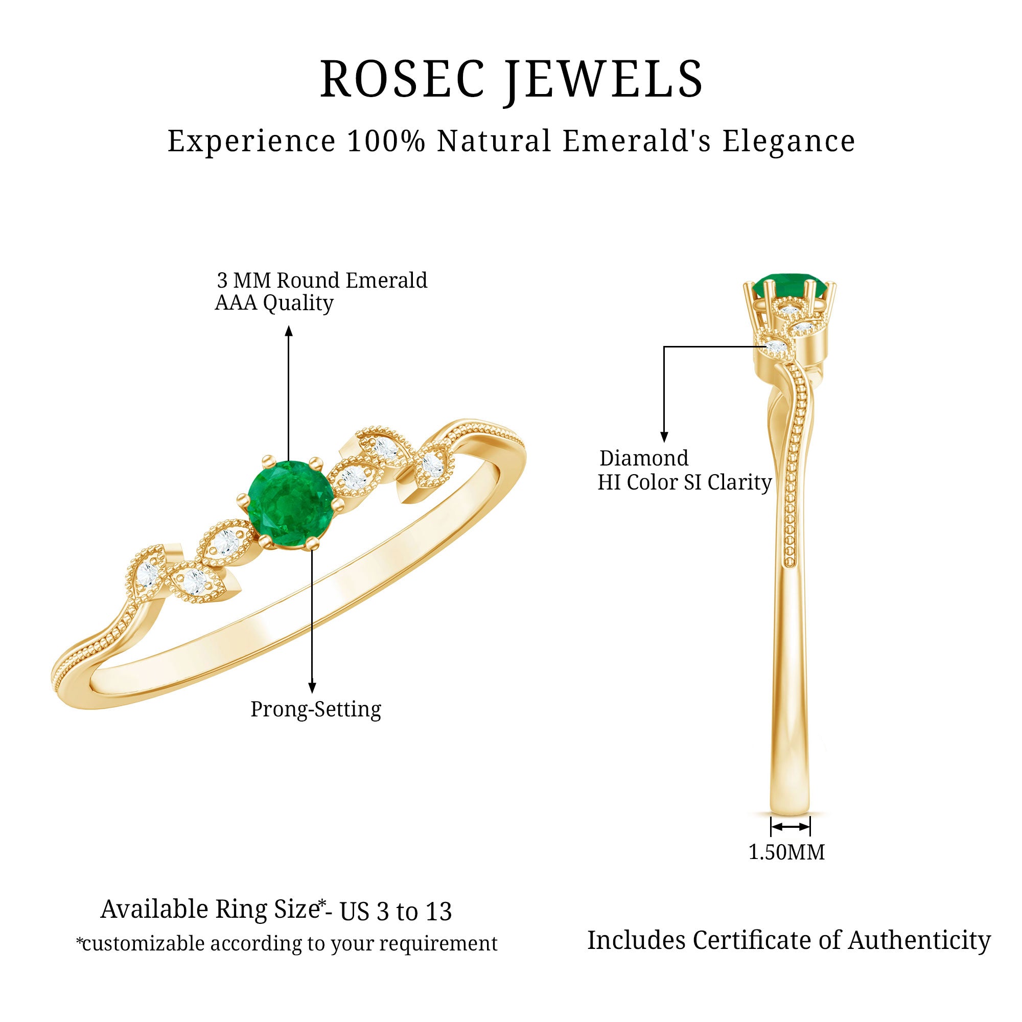 Nature Inspired Emerald Promise Ring with Diamond AAA - Rosec Jewels