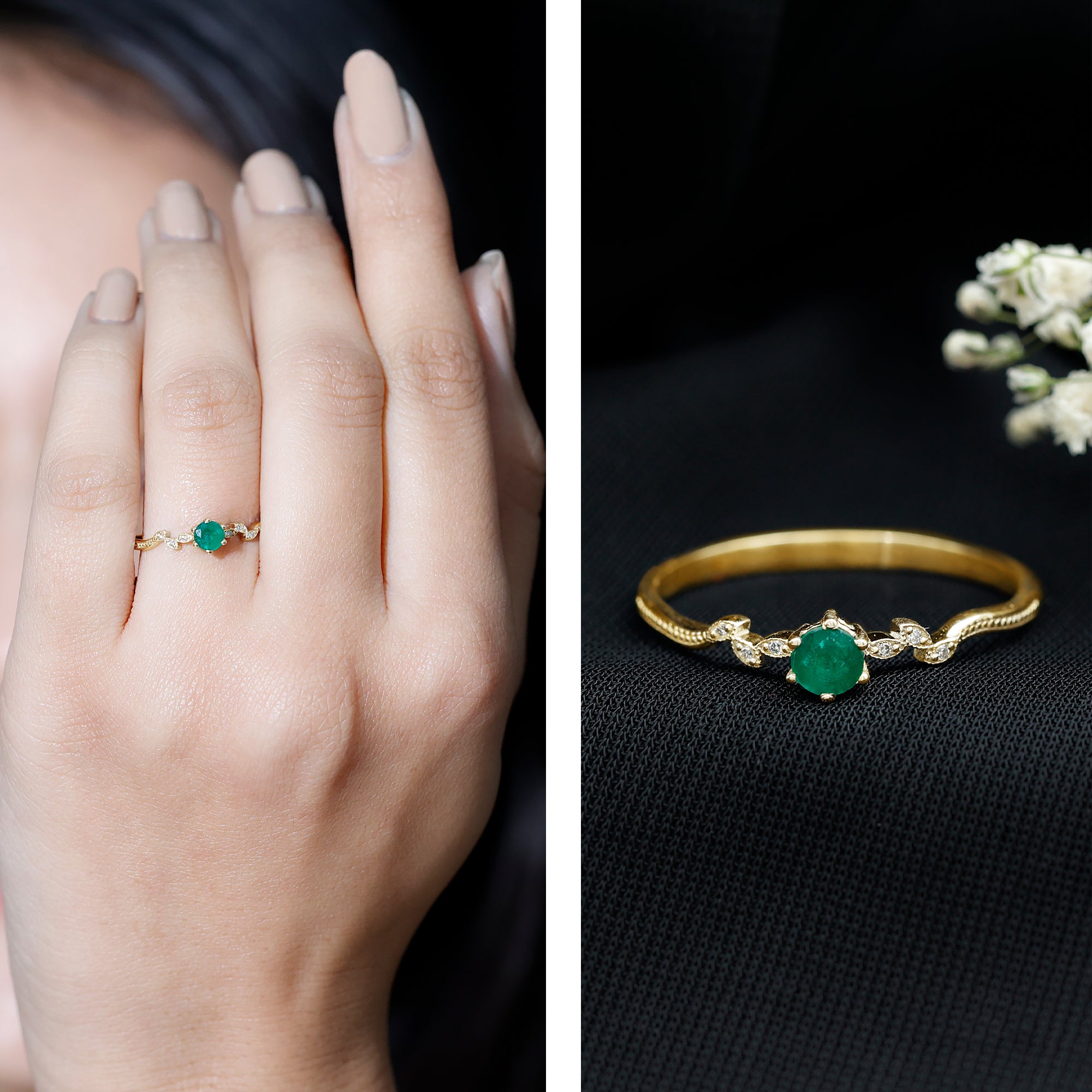 Nature Inspired Emerald Promise Ring with Diamond AAA - Rosec Jewels