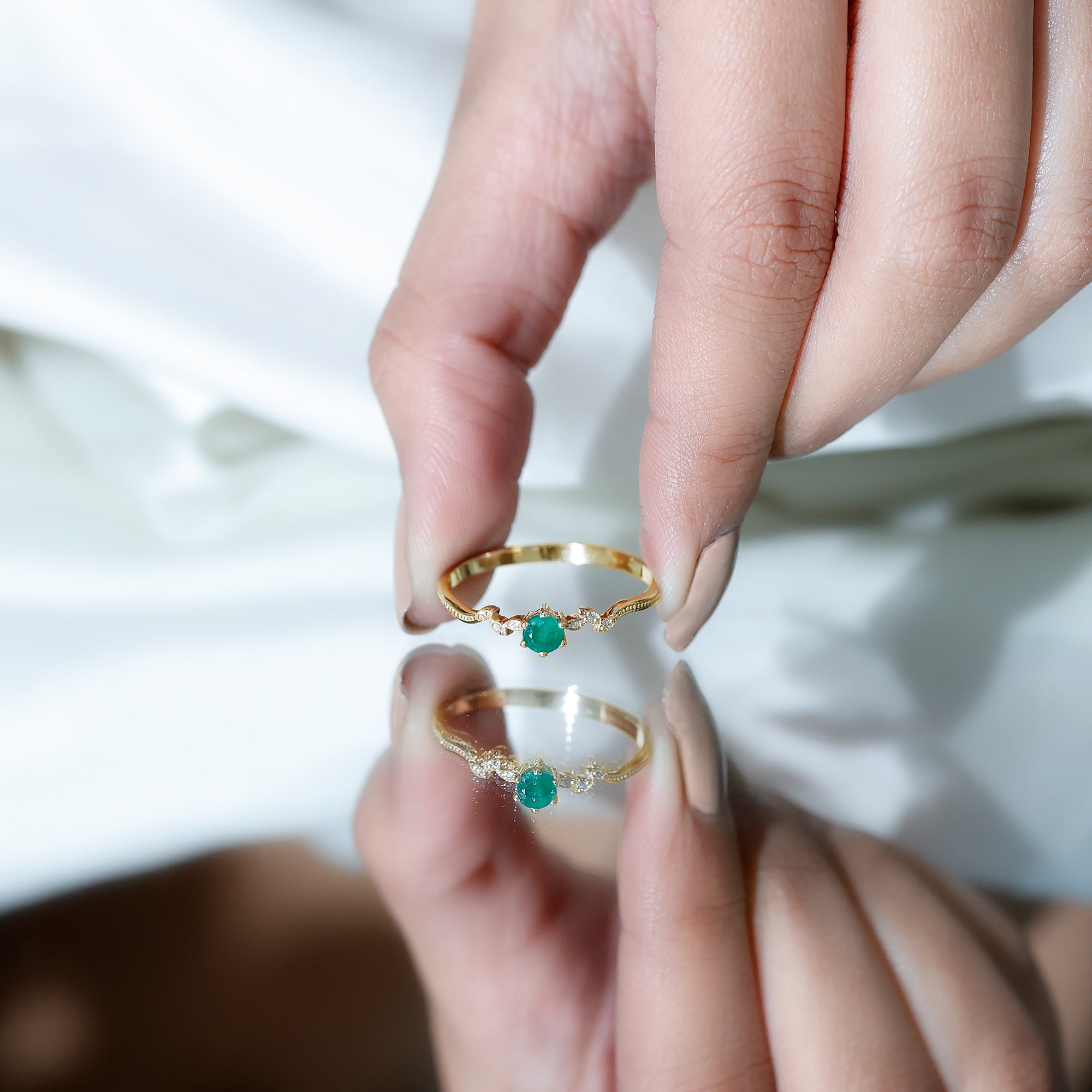 Nature Inspired Emerald Promise Ring with Diamond AAA - Rosec Jewels