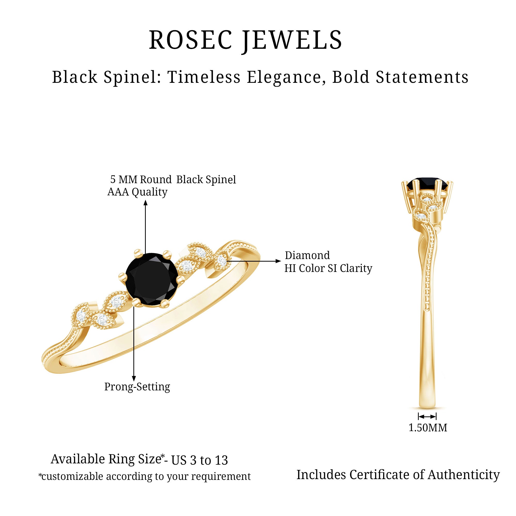 Nature Inspired Black Spinel Proposal Ring with Diamond AAA - Rosec Jewels