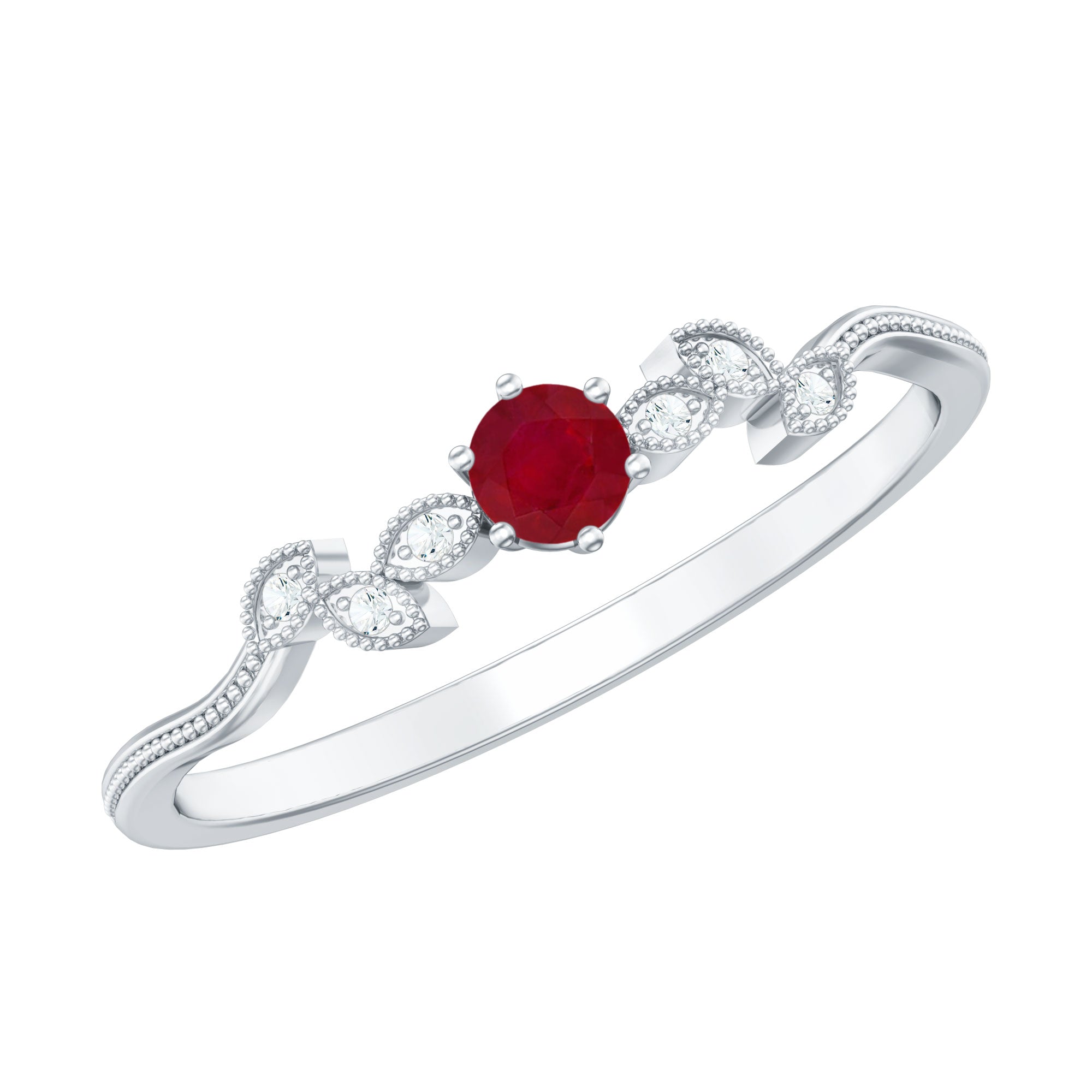 Certified Ruby and Diamond Leaf Branch Promise Ring AAA - Rosec Jewels