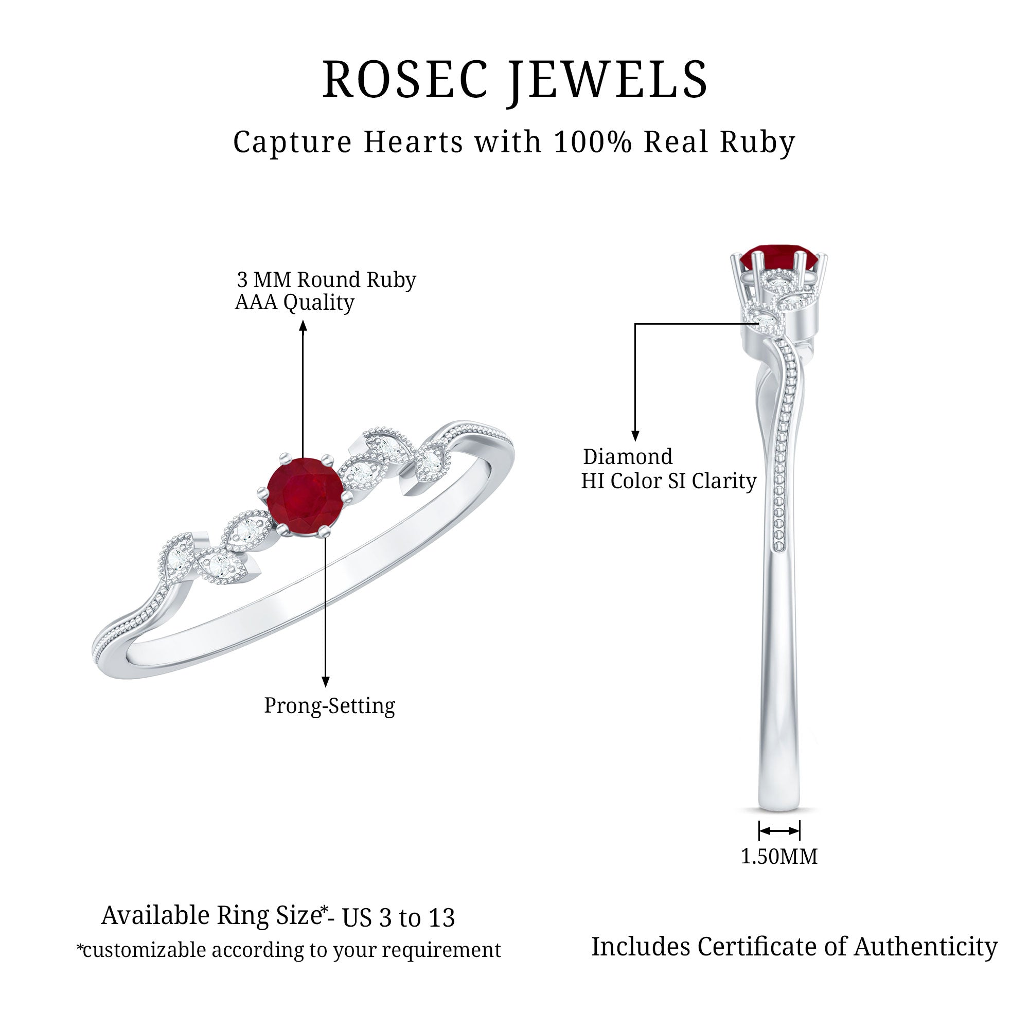 Certified Ruby and Diamond Leaf Branch Promise Ring AAA - Rosec Jewels