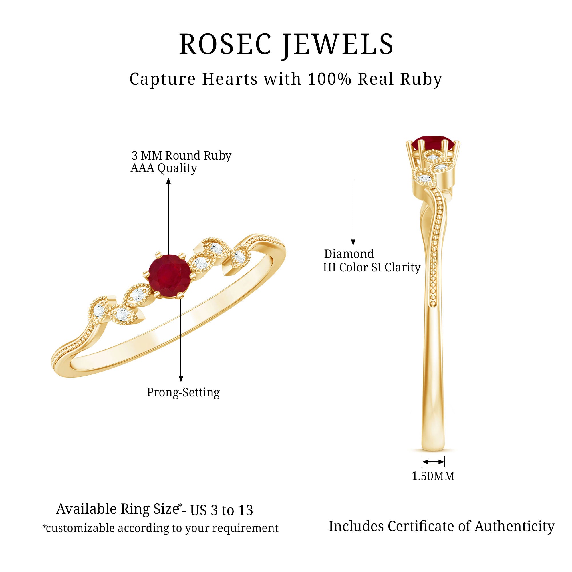 Certified Ruby and Diamond Leaf Branch Promise Ring AAA - Rosec Jewels