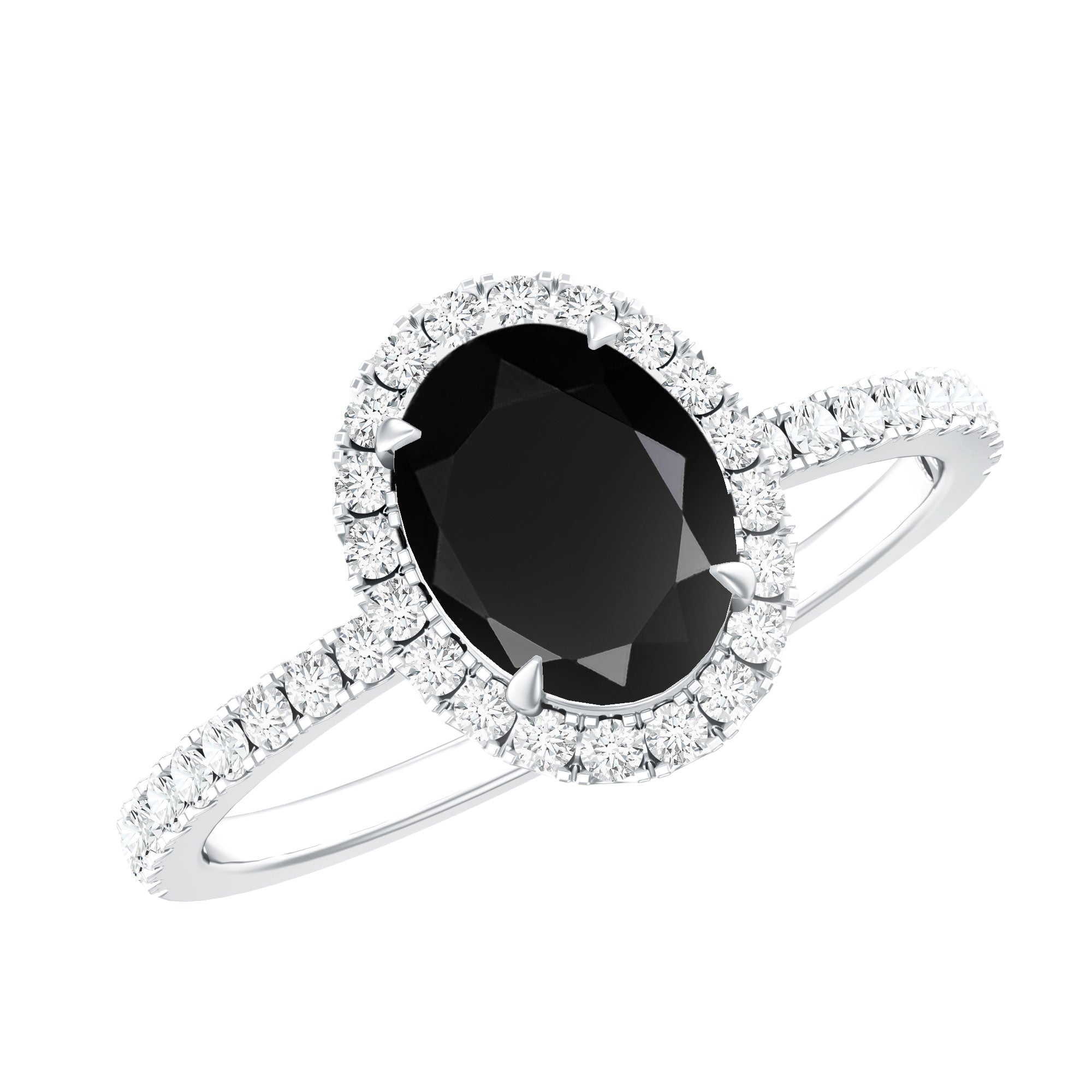 6X8MM Oval Black Onyx and Diamond Halo Engagement Ring AAA - Rosec Jewels