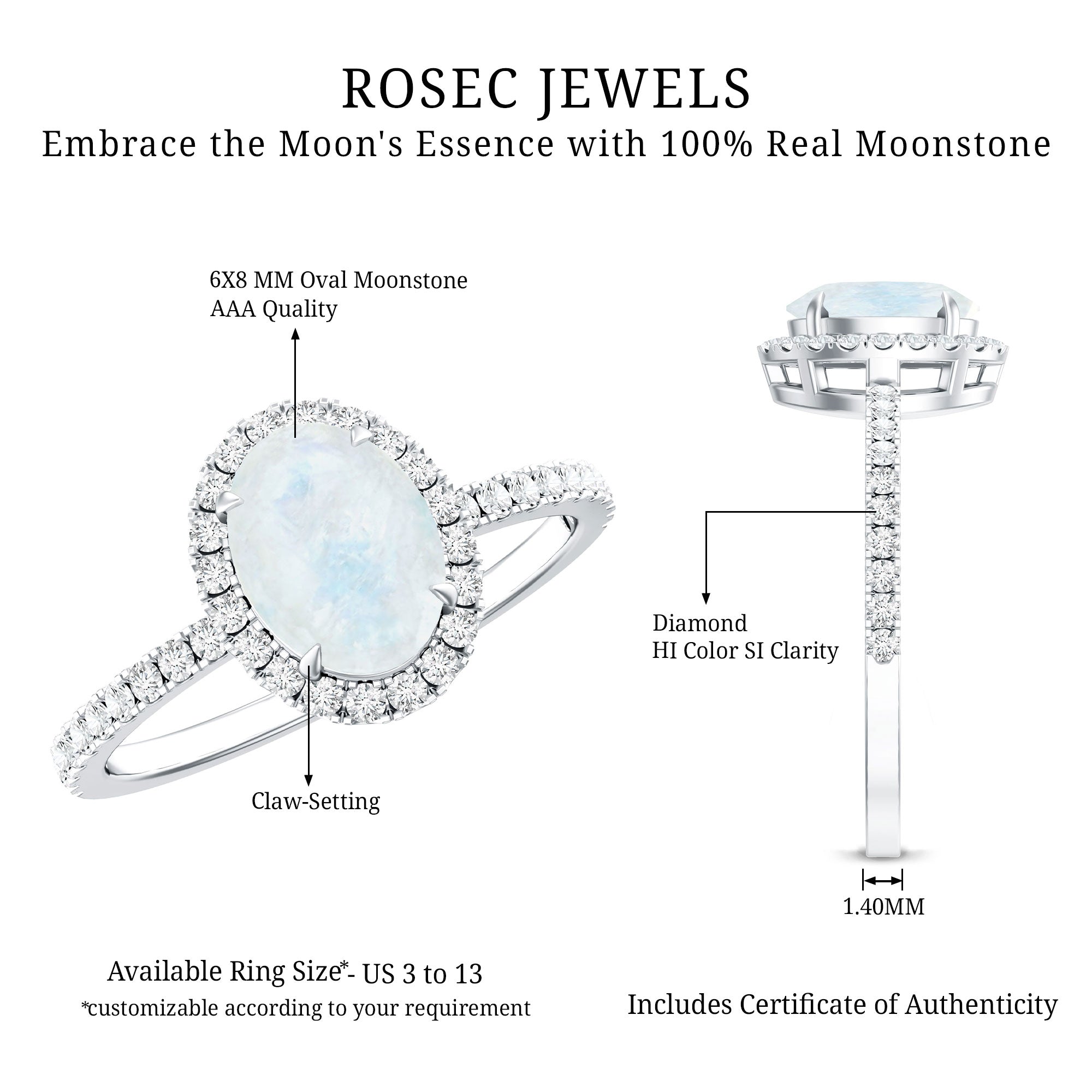 Oval Moonstone Engagement Ring with Diamond Halo AAA - Rosec Jewels