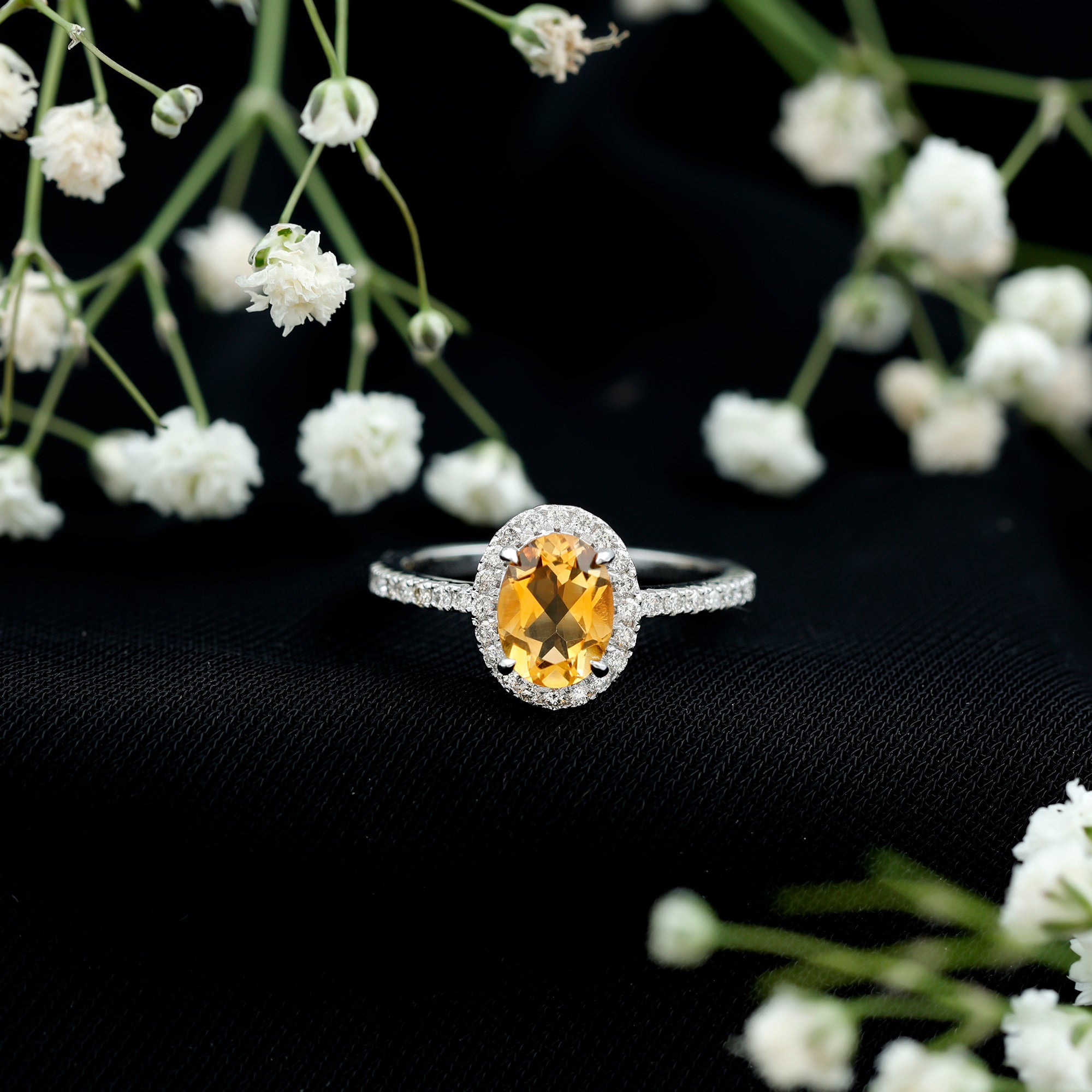 Certified Real 6X8mm Citrine Oval Engagement Ring with Diamond Halo AAA - Rosec Jewels