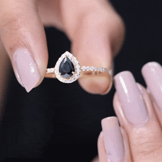 Genuine Black Onyx Teardrop Engagement Ring with Diamond AAA - Rosec Jewels