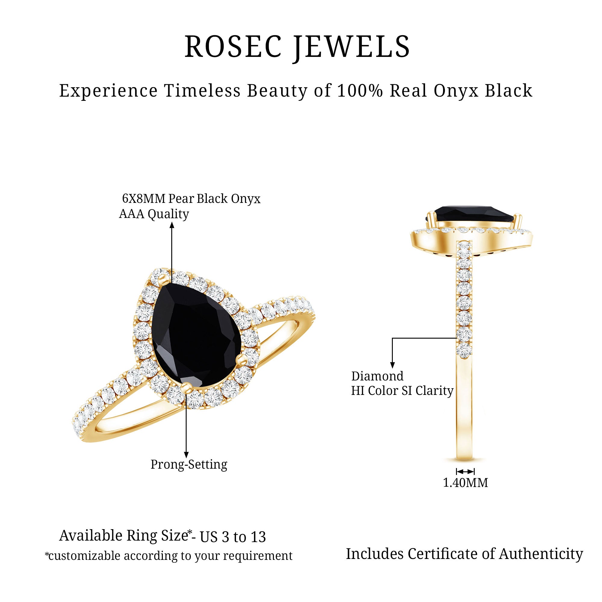 Genuine Black Onyx Teardrop Engagement Ring with Diamond AAA - Rosec Jewels