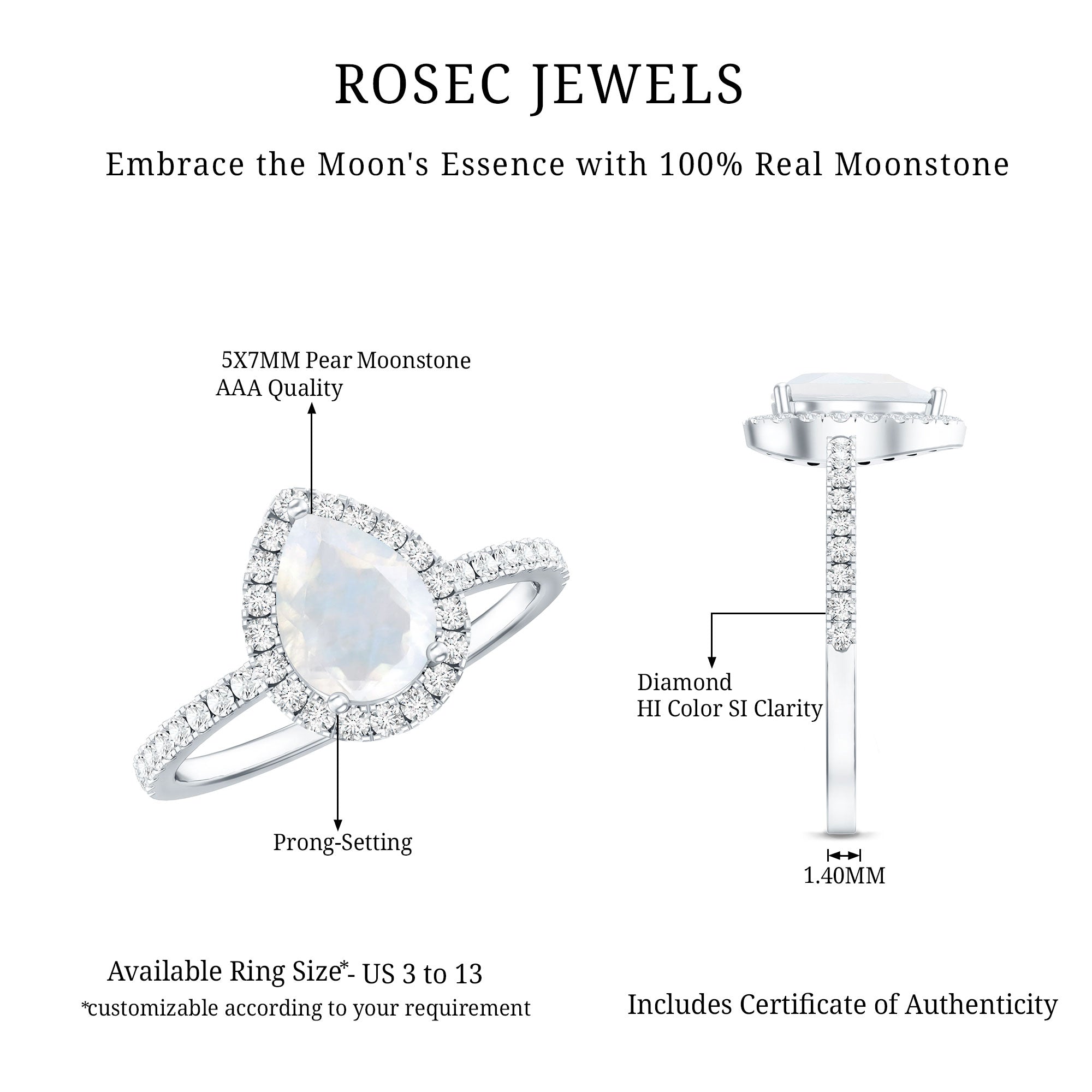 1.25 CT Pear Cut Moonstone Solitaire Simple Engagement Ring with Diamond Accent AAA - Rosec Jewels
