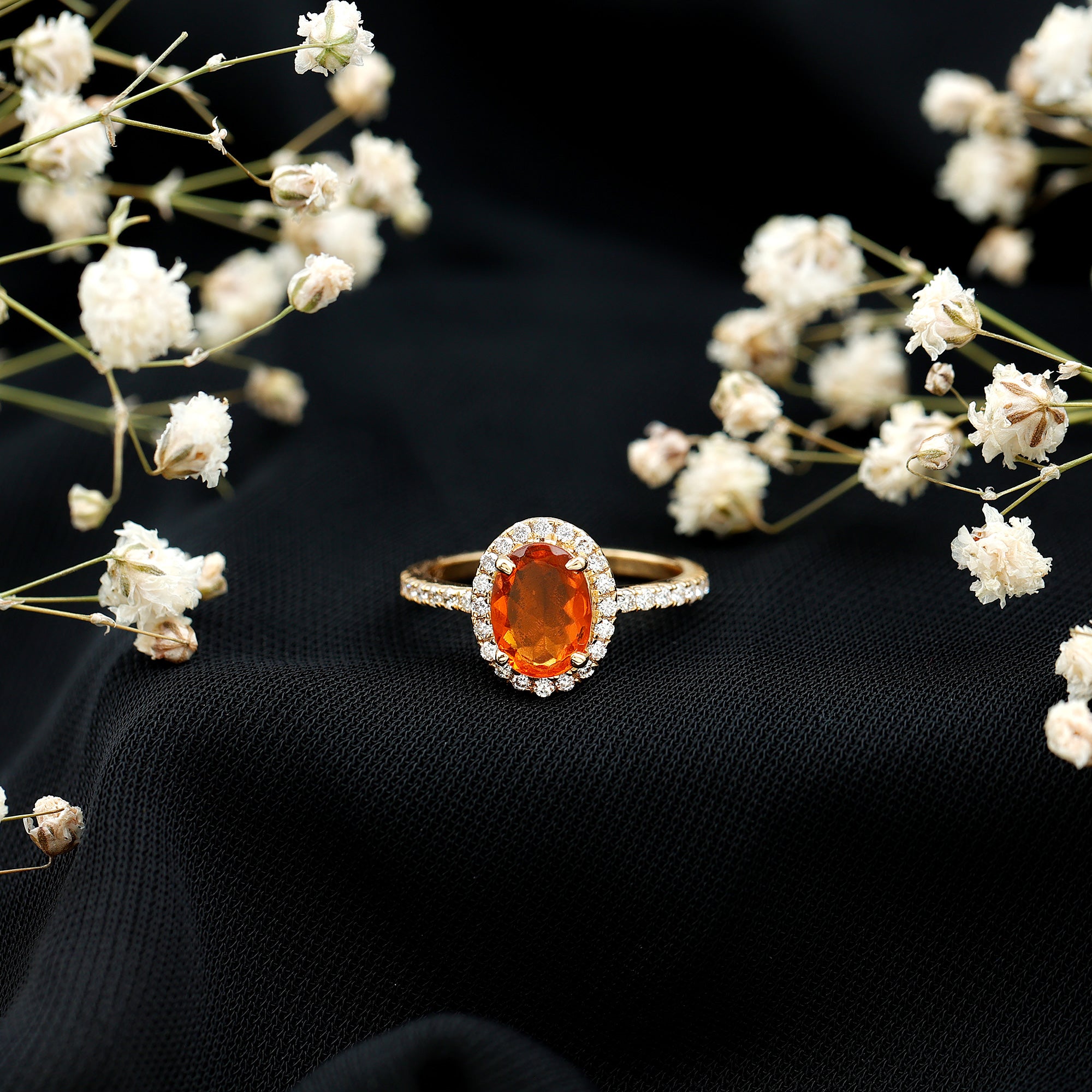 Rosec Jewels-Oval 6X8MM Fire Opal Engagement Ring with Diamond Halo