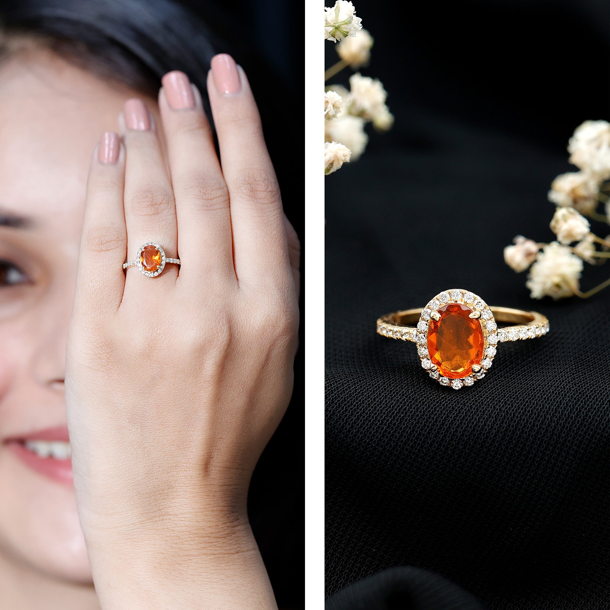 Rosec Jewels-Oval 6X8MM Fire Opal Engagement Ring with Diamond Halo