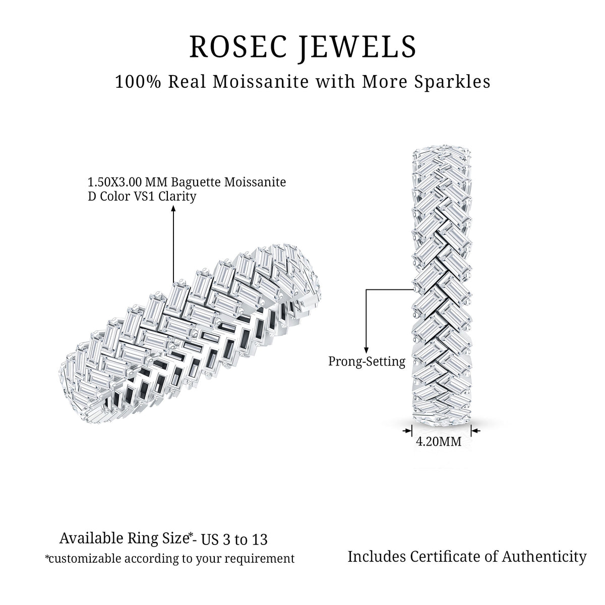 Baguette Cut Moissanite Eternity Band Ring D-VS1 - Rosec Jewels