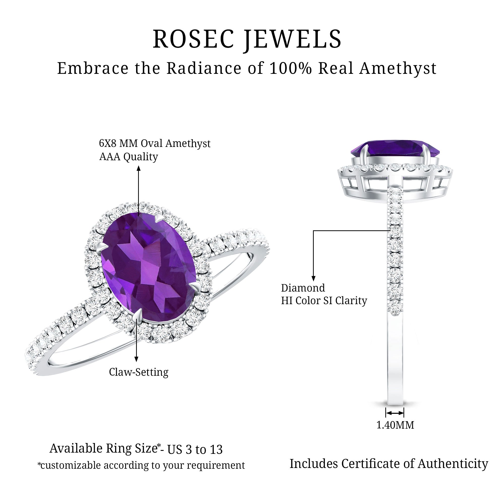 1 Carat Amethyst Oval Engagement Ring with Diamond Halo AAA - Rosec Jewels