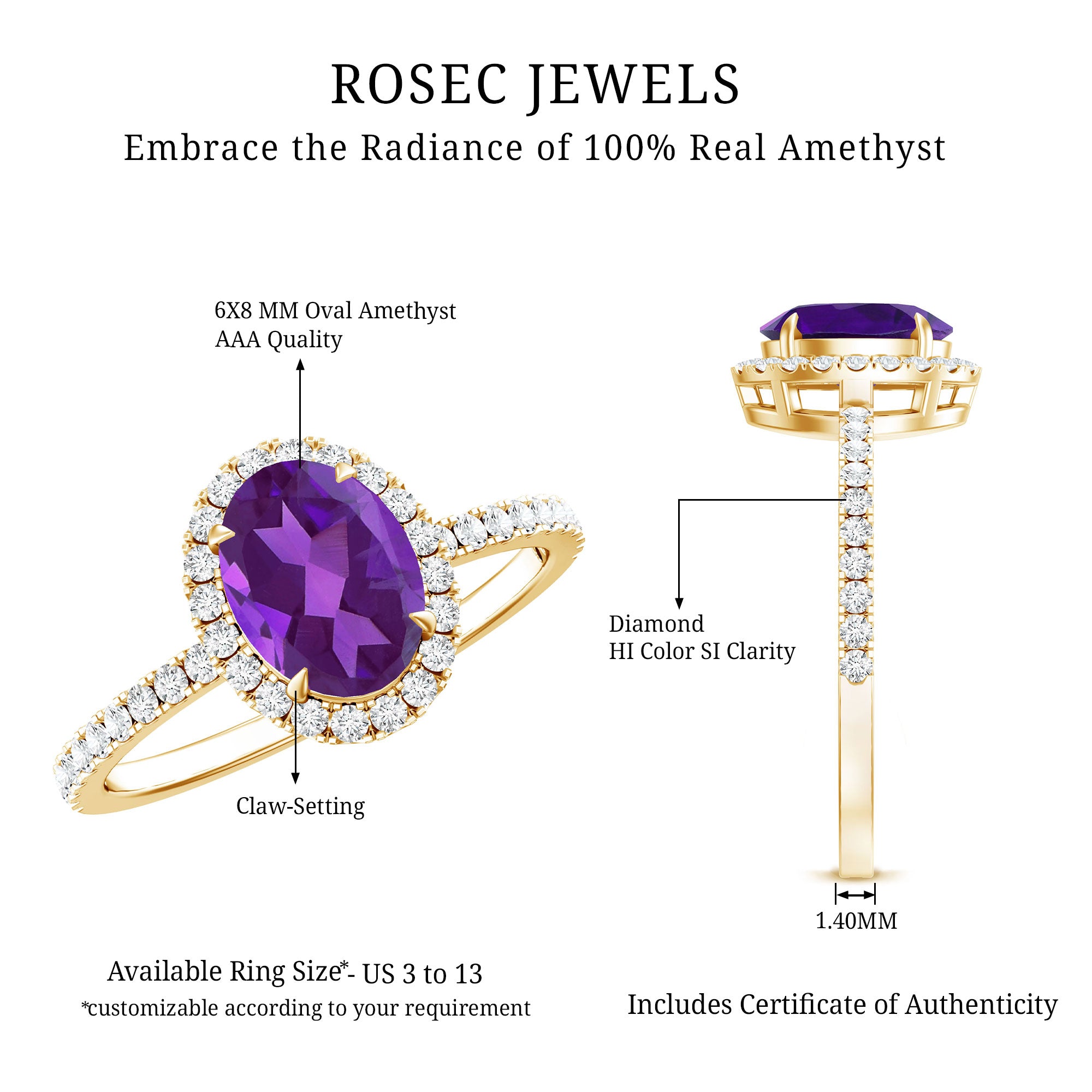 1 Carat Amethyst Oval Engagement Ring with Diamond Halo AAA - Rosec Jewels