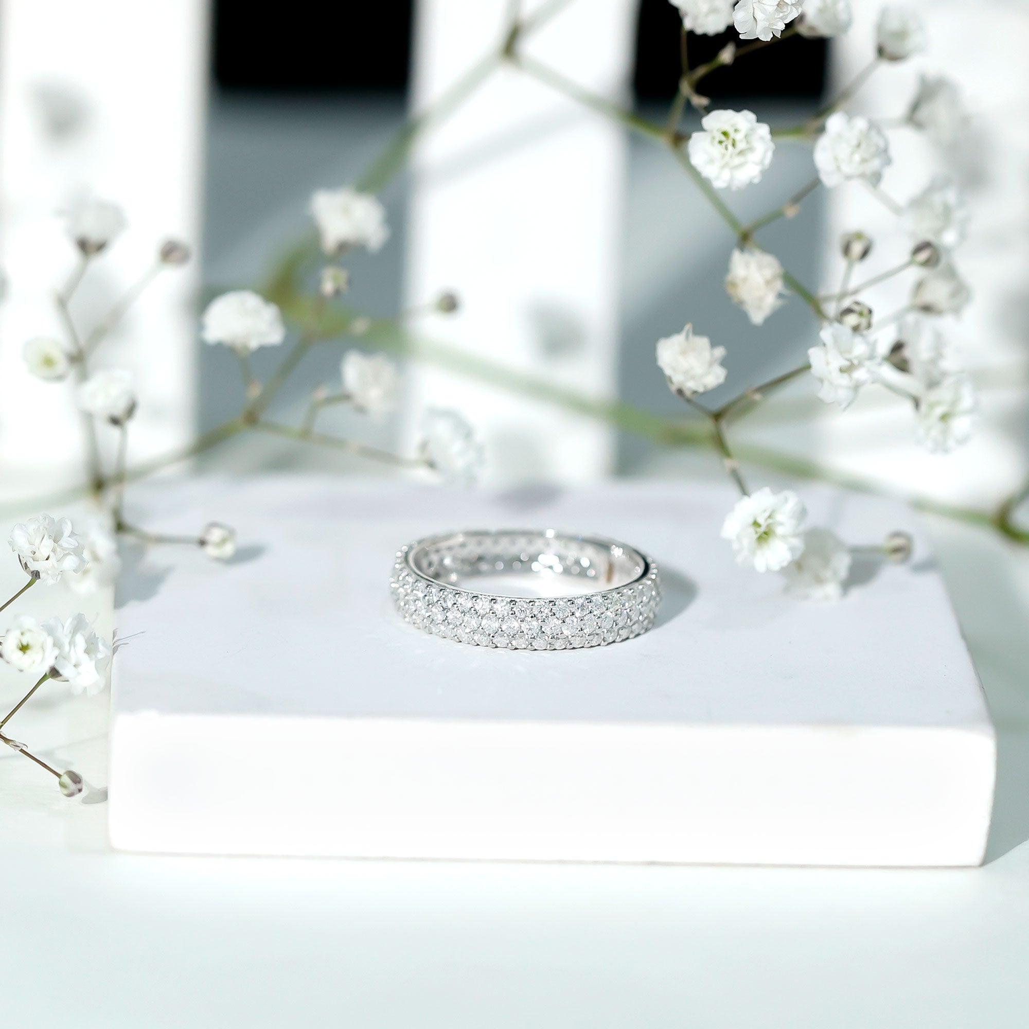 Triple Row Moissanite Classic Wedding Ring Band for Women D-VS1 - Rosec Jewels