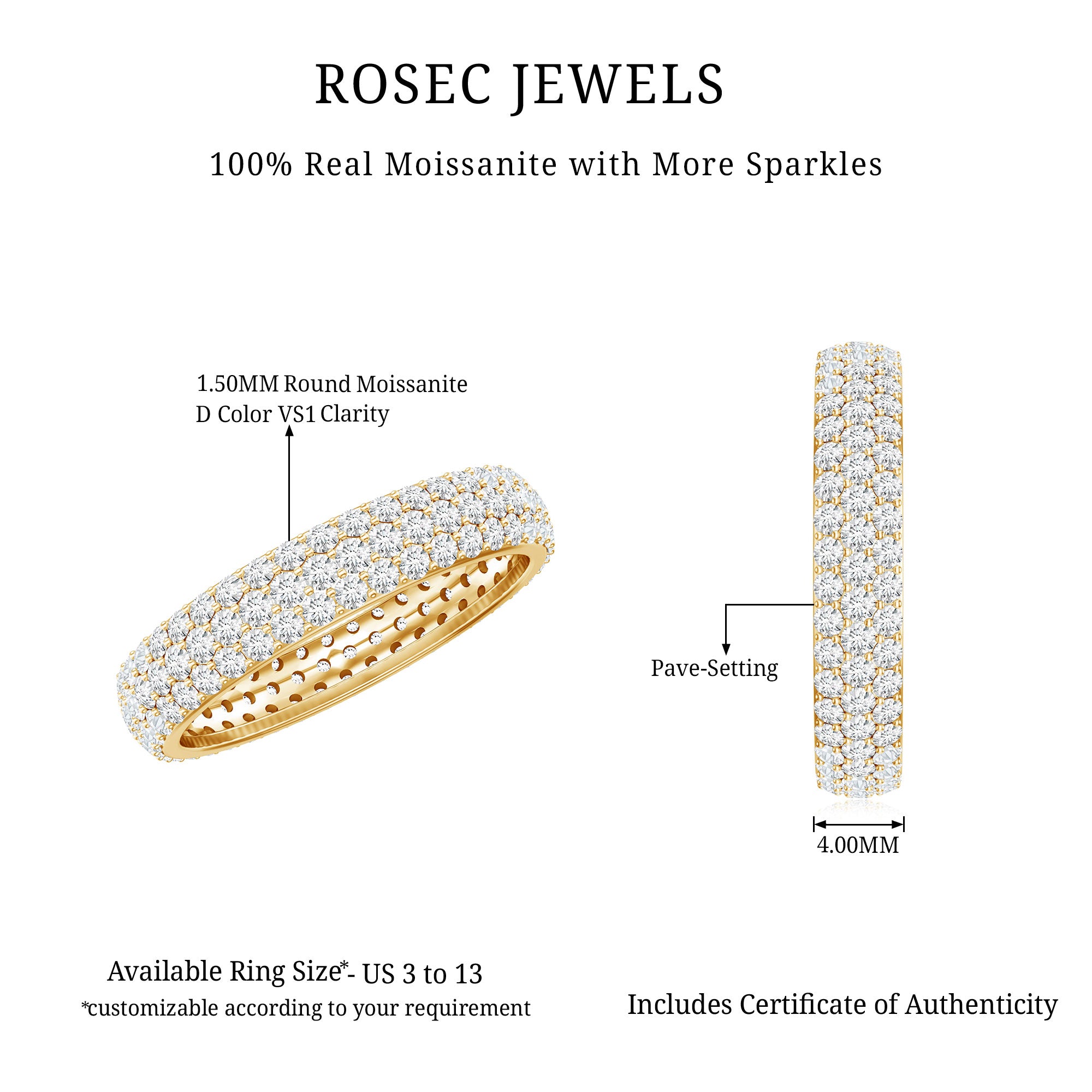 Triple Row Moissanite Classic Wedding Ring Band for Women D-VS1 - Rosec Jewels