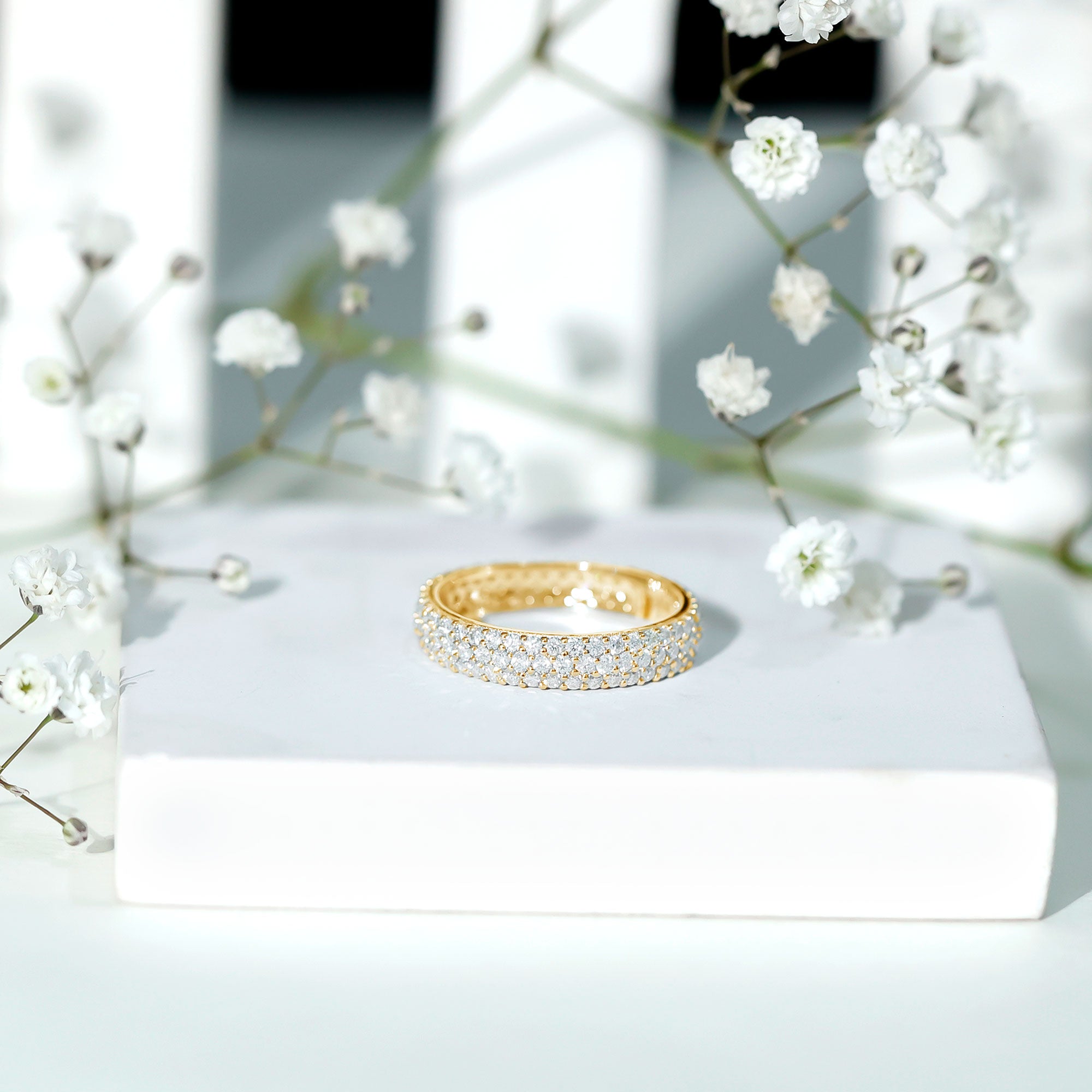 Triple Row Moissanite Classic Wedding Ring Band for Women D-VS1 - Rosec Jewels