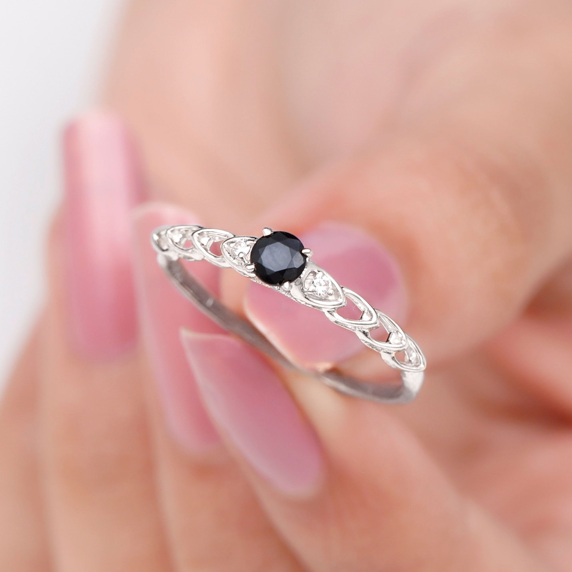 Natural Black Spinel Diamond Promise Ring with Certificate AAA - Rosec Jewels