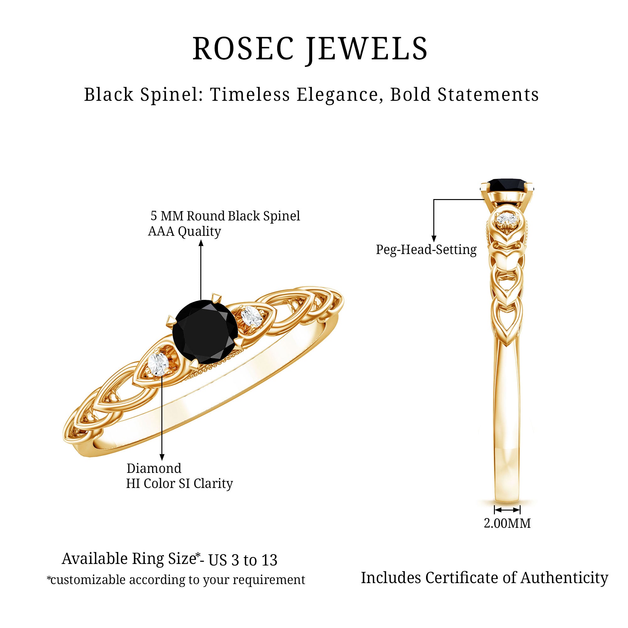 Natural Black Spinel Diamond Promise Ring with Certificate AAA - Rosec Jewels