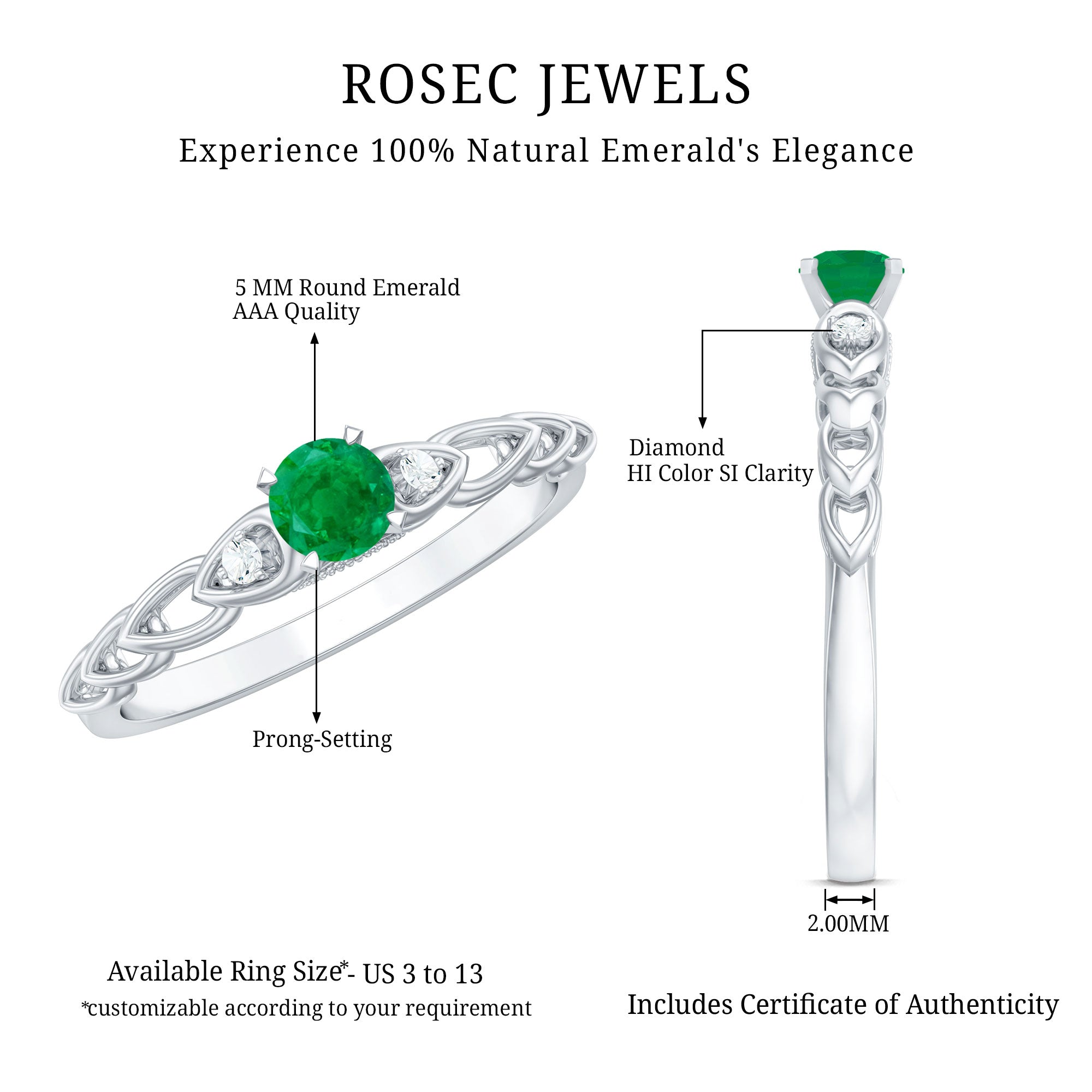 Rosec Jewels-Genuine Emerald and Diamond Designer Promise Ring