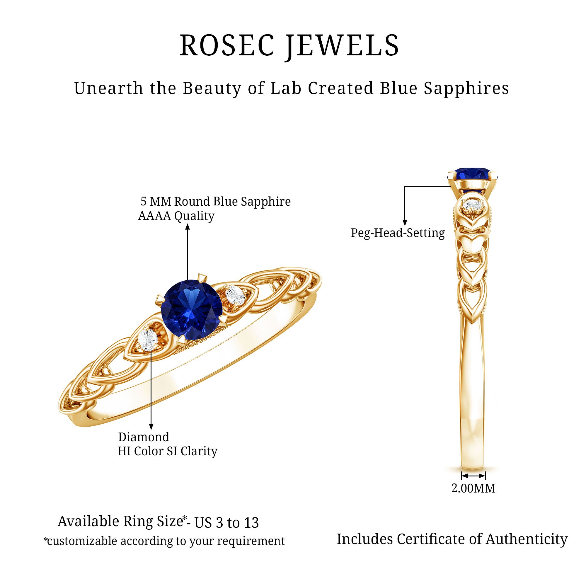 Certified 0.6 Carat Lab Grown Blue Sapphire Diamond Promise Ring AAAA - Rosec Jewels