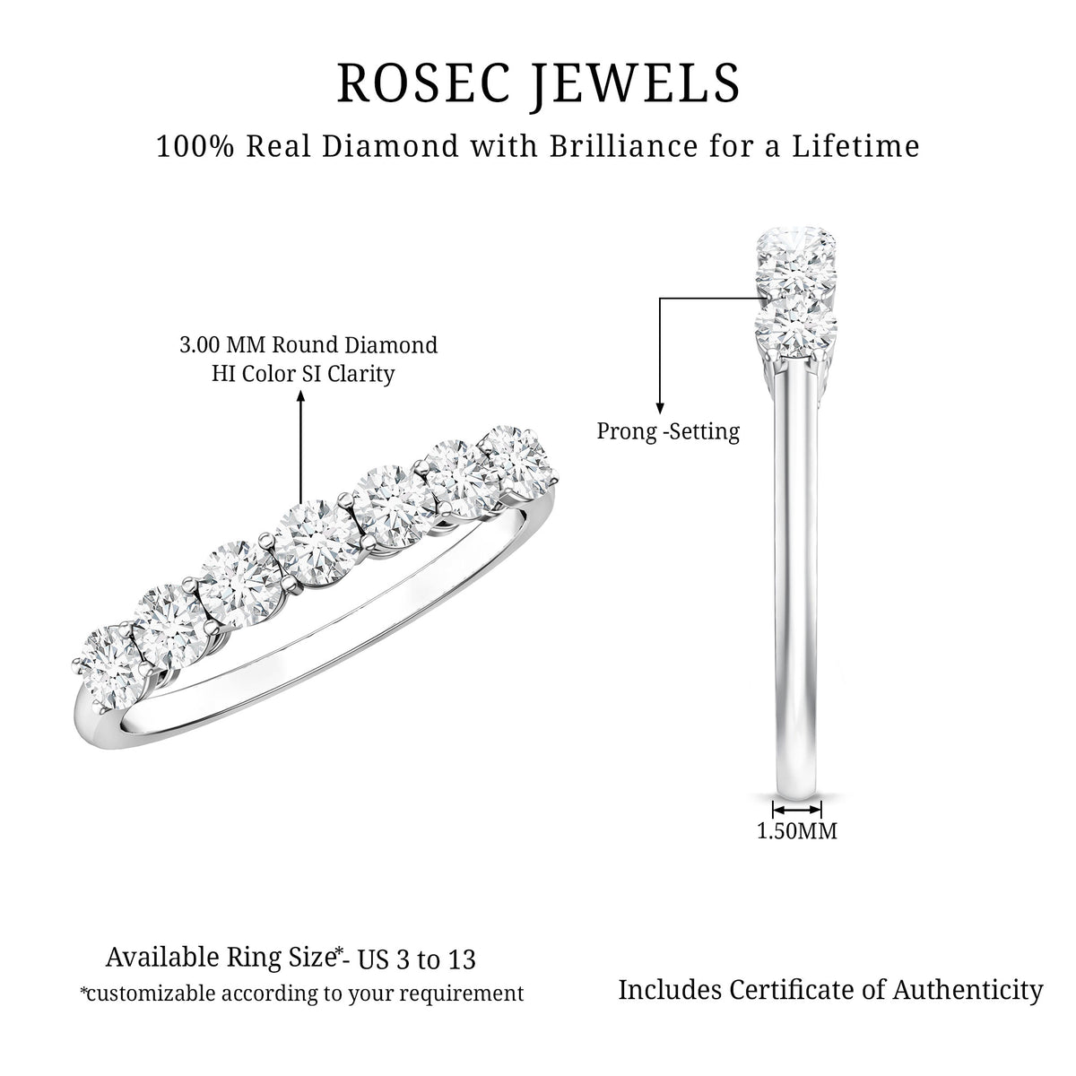 Natural Diamond Half Eternity Band Ring for Women Natural - ( HI-SI ) - Rosec Jewels