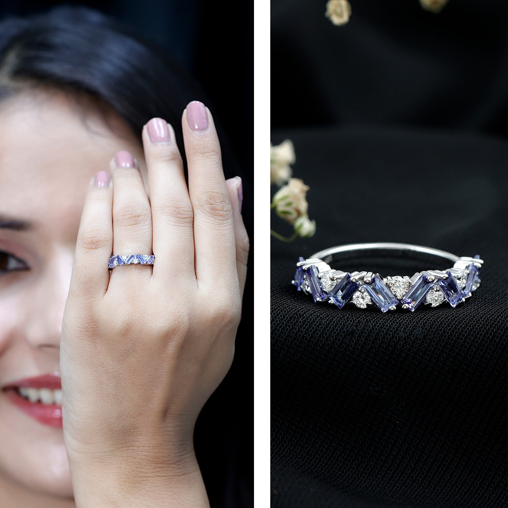 Rosec Jewels-Baguette Cut Tanzanite and Diamond Half Eternity Stackable Ring
