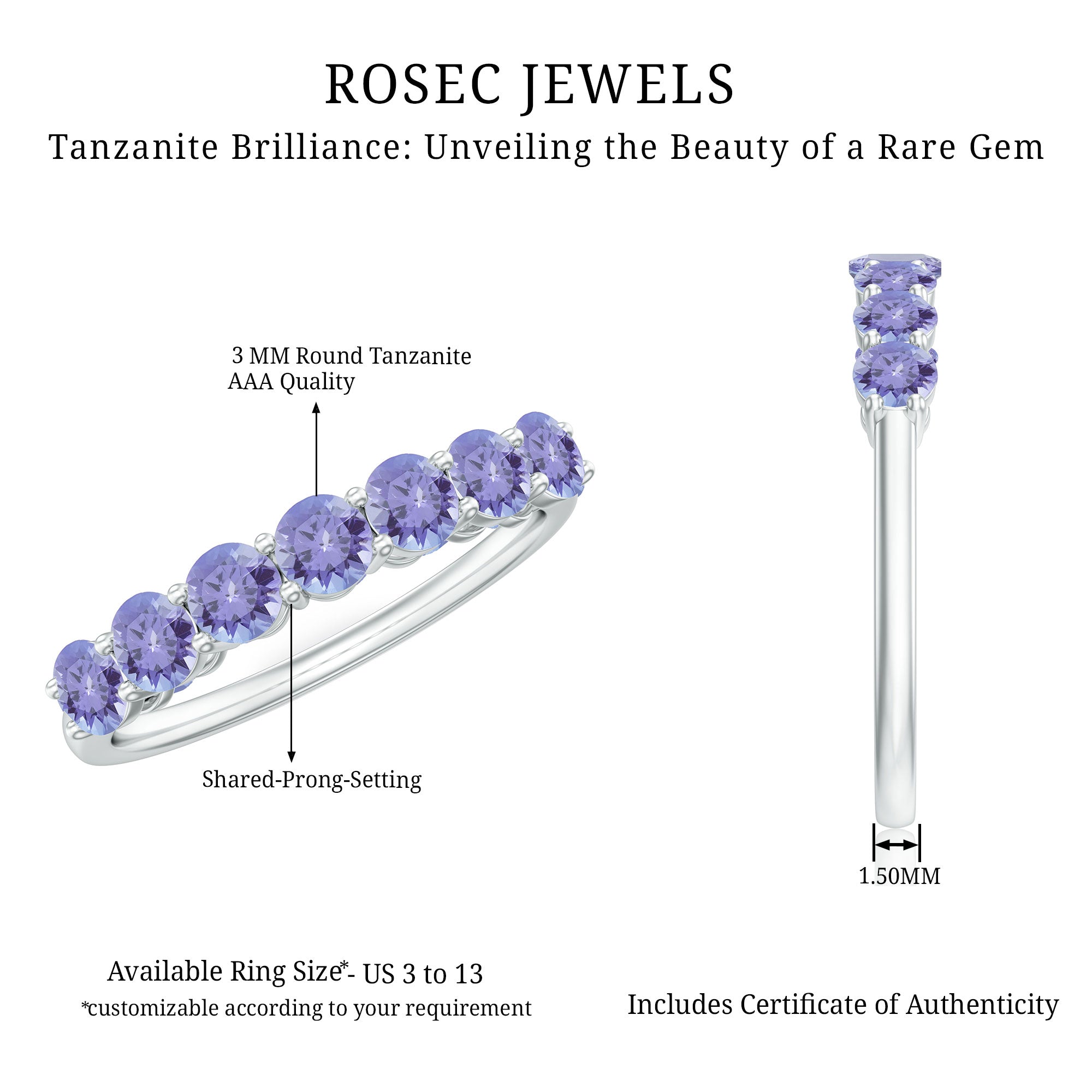 Certified Real Tanzanite Half Eternity Ring for Anniversary AAA - Rosec Jewels