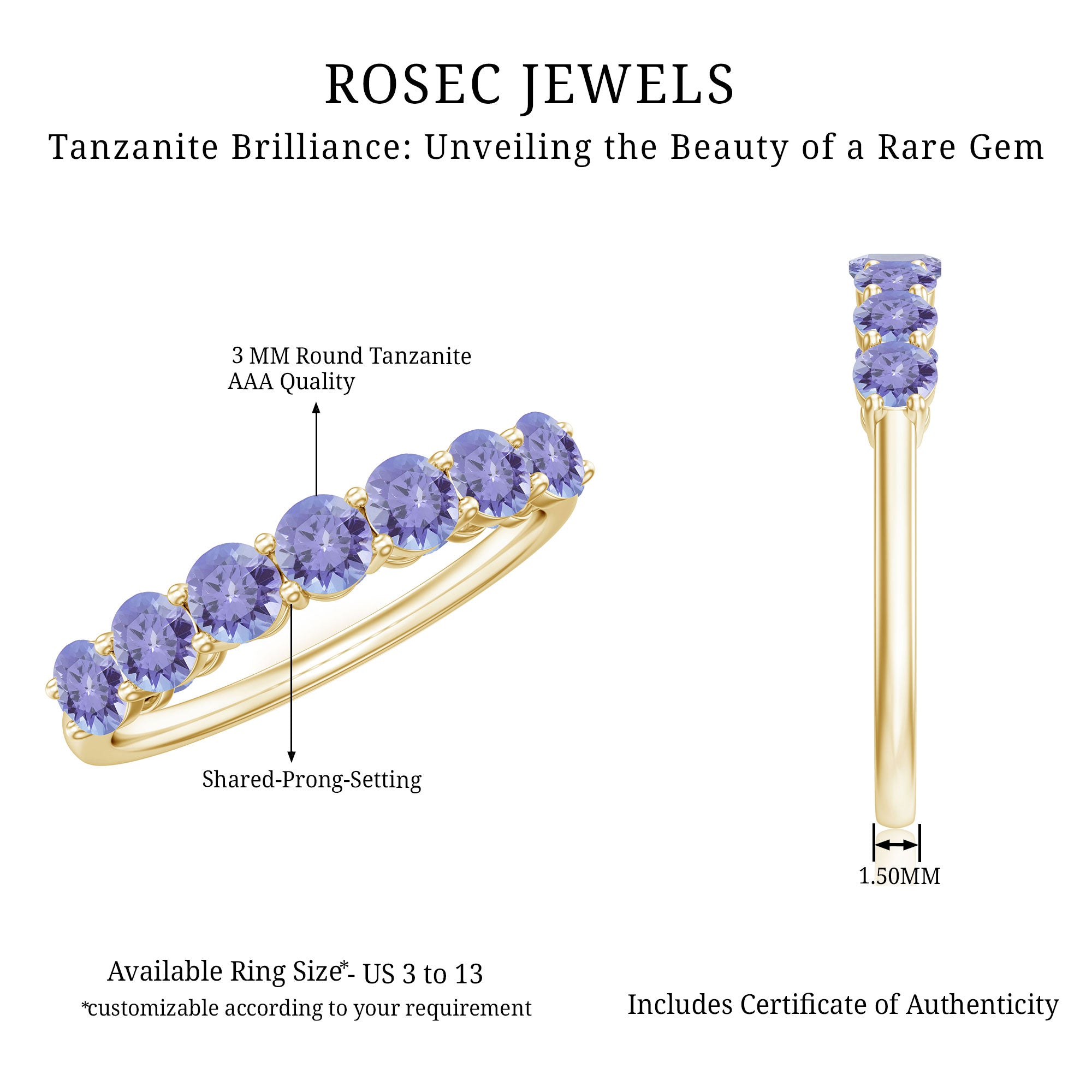 Certified Real Tanzanite Half Eternity Ring for Anniversary AAA - Rosec Jewels