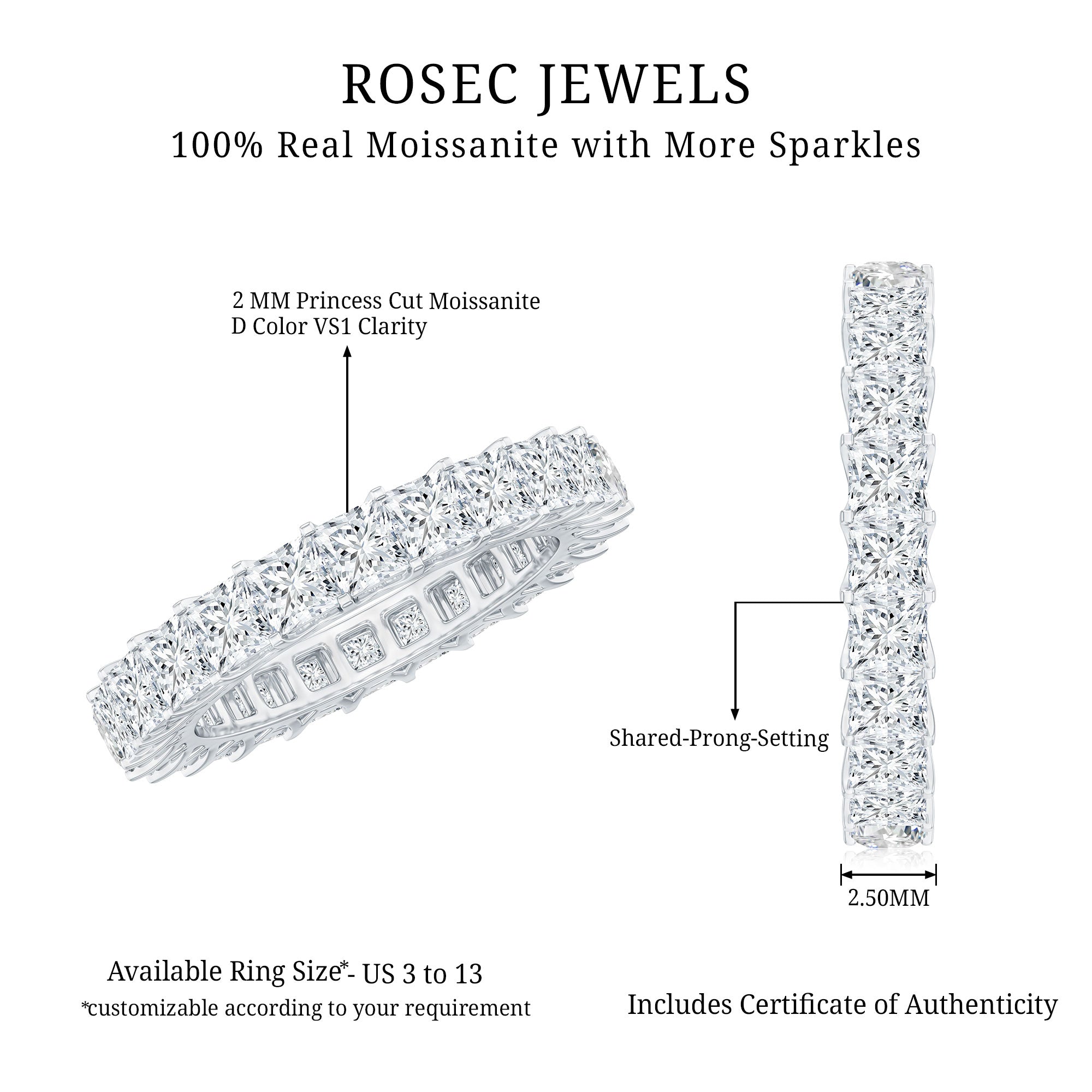 Princess Cut Moissanite Stackable Eternity Band Ring D-VS1 - Rosec Jewels