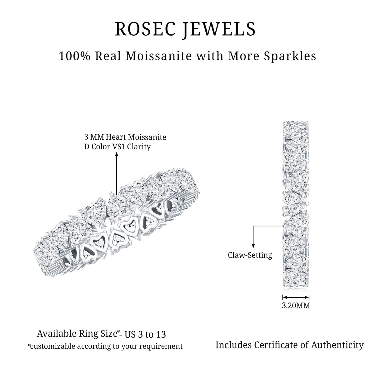 Claw Set Moissanite Heart Wedding Band for Women D-VS1 - Rosec Jewels
